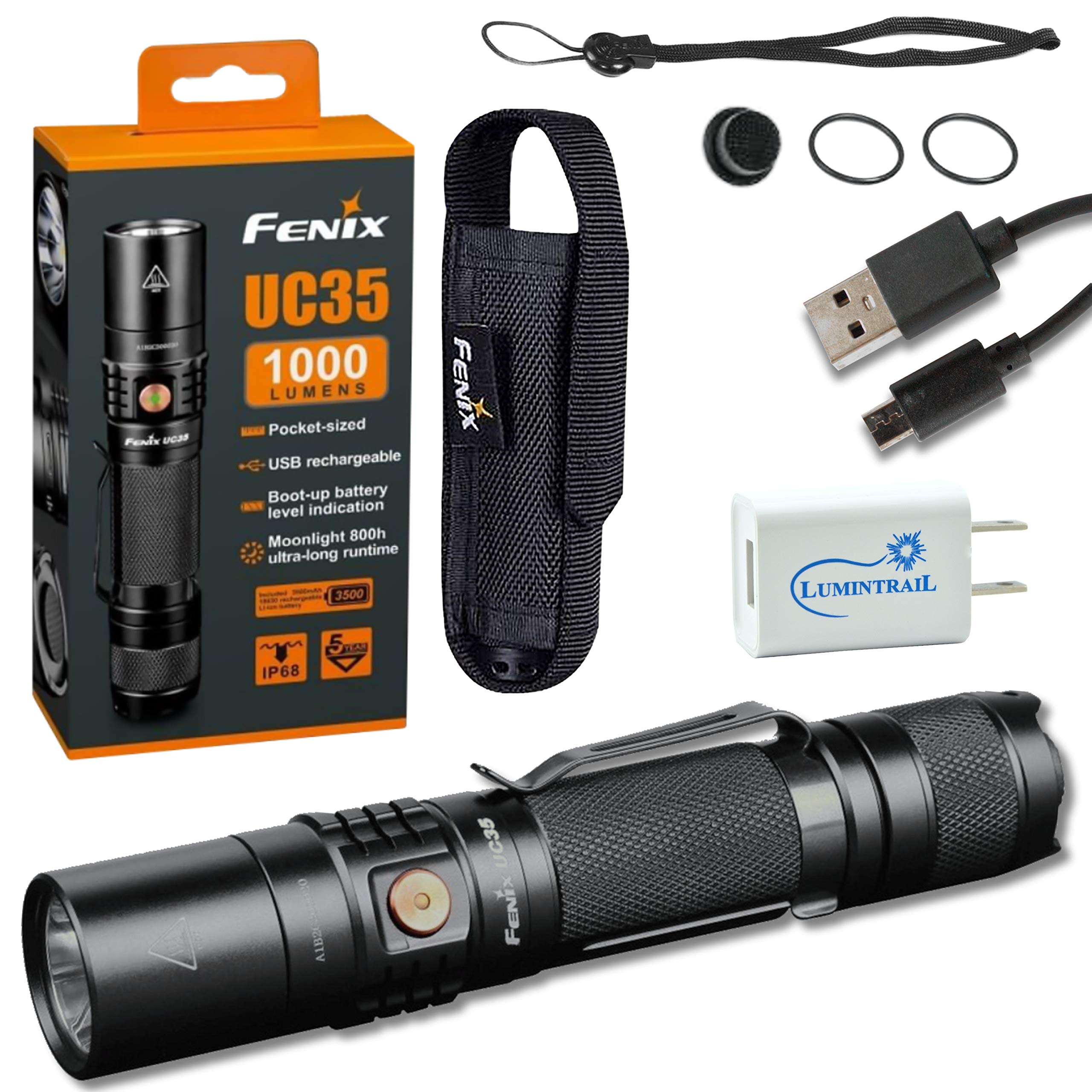 Lumintrailx Fenix Uc35 V2.0 Rechargeable Tactical Handheld Led Flashlight 1000 Lumens With Lumintrail Usb Wall Plug