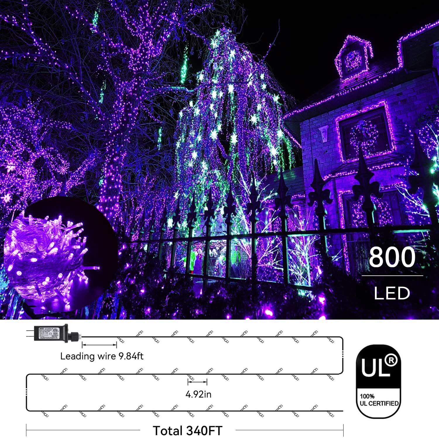 Zhouduidui Purple String Lights, 800Led 330Ft, 8 Modes Timer, Waterproof Indoor/Outdoor, Halloween/Christmas Garden Party Decoration