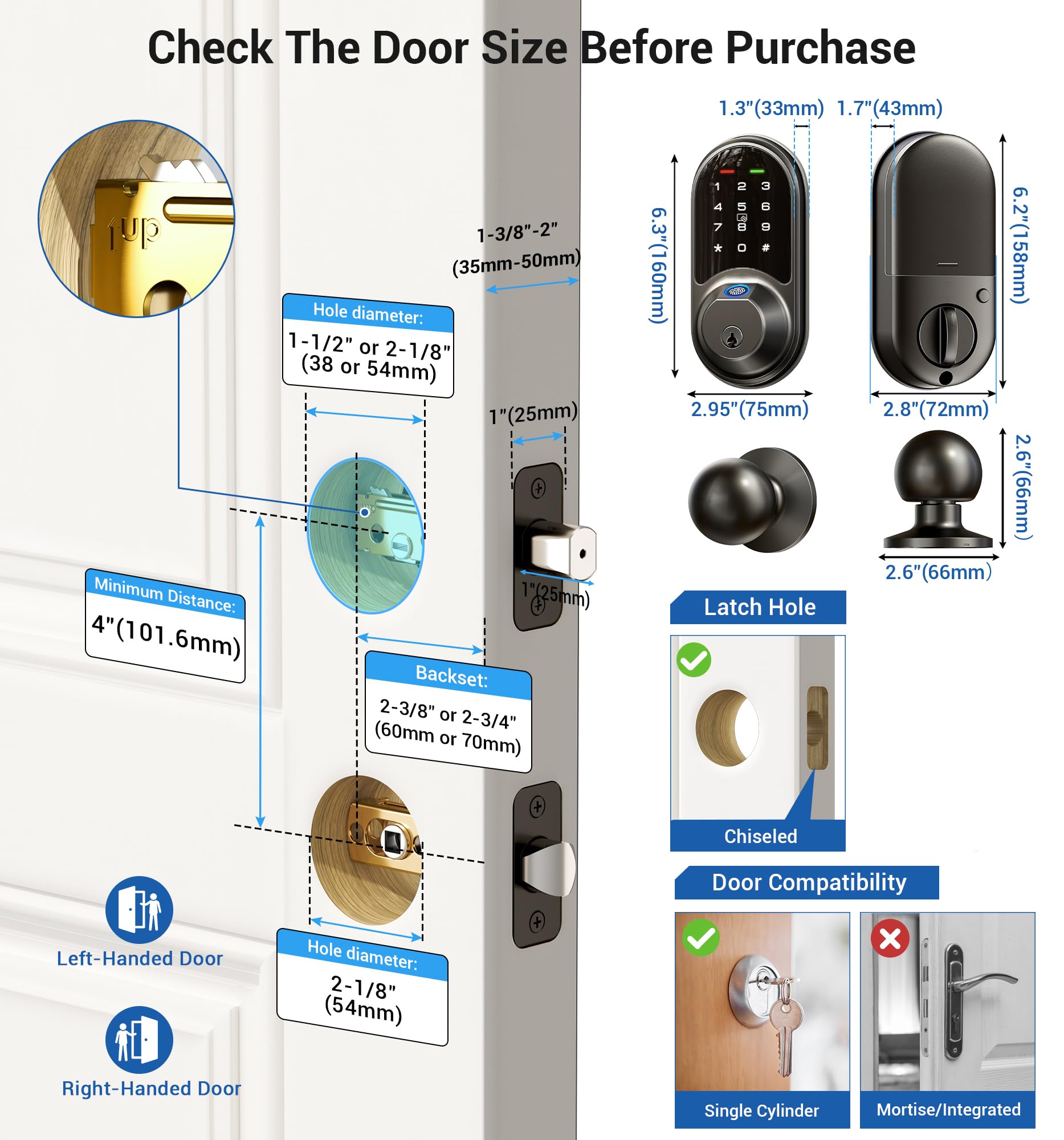 Veise Rz07C Smart Locks For Front Door, 2 Knob Handle Set, Fingerprint Keyless Entry, App Control Biometric Lock, Electronic Digital Touchscreen Keypad Deadbolt, Easy Install, Auto Lock, Matte Black