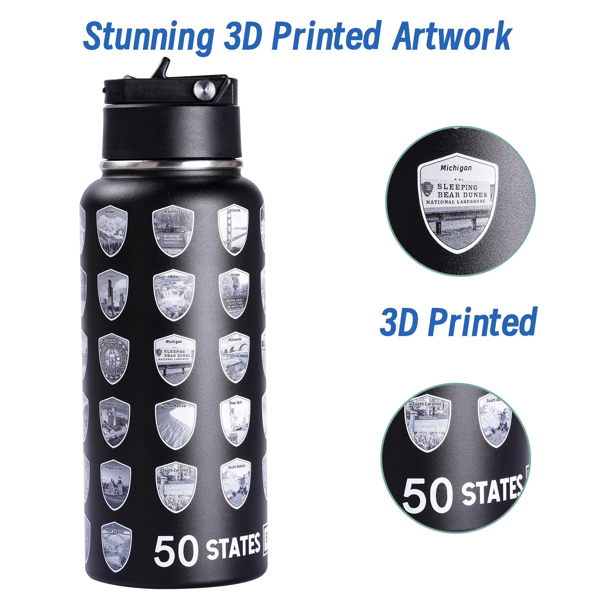 50 States Water Bottle With Stickers, National Parks Water Bottle, Stainless Steel Insulated Bottle