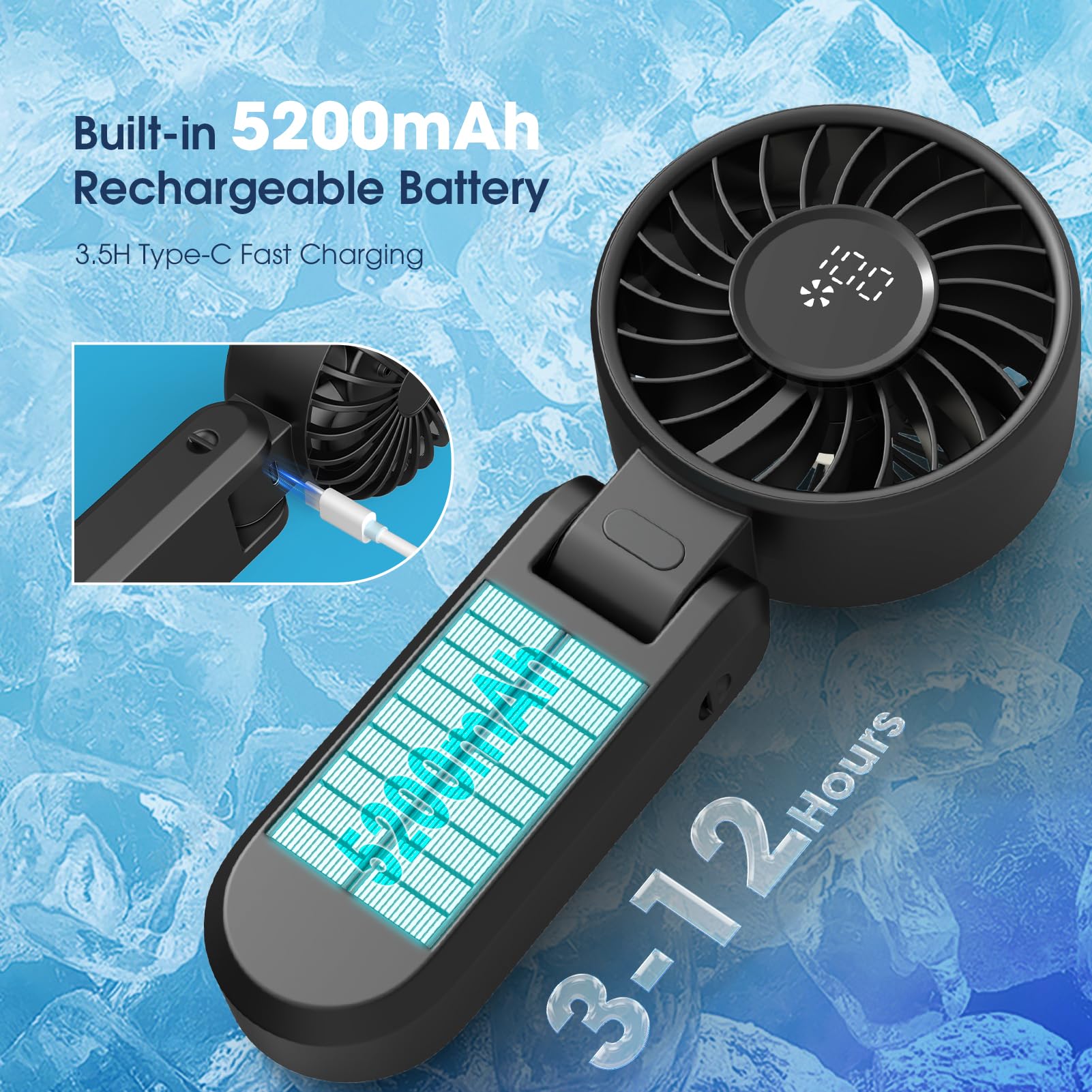 Portable Handheld Turbo Fans For Travel, High-Speed Motor, Rechargeable Hand Held Fan, 5 Speed,180°F