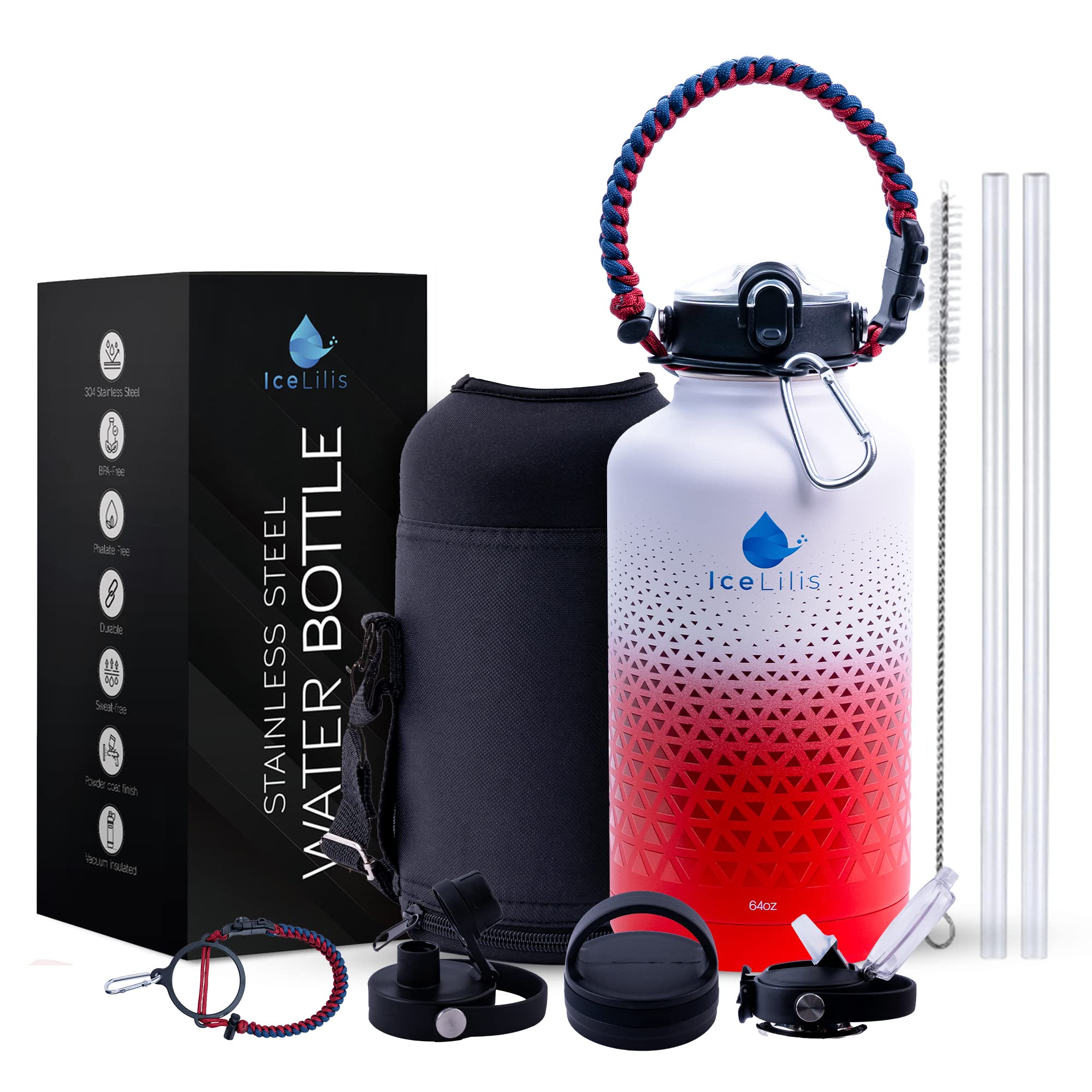 64 Oz Stainless Steel Water Bottle - Multi-Lid - Ideal For Sports, Travel, Workouts - Double