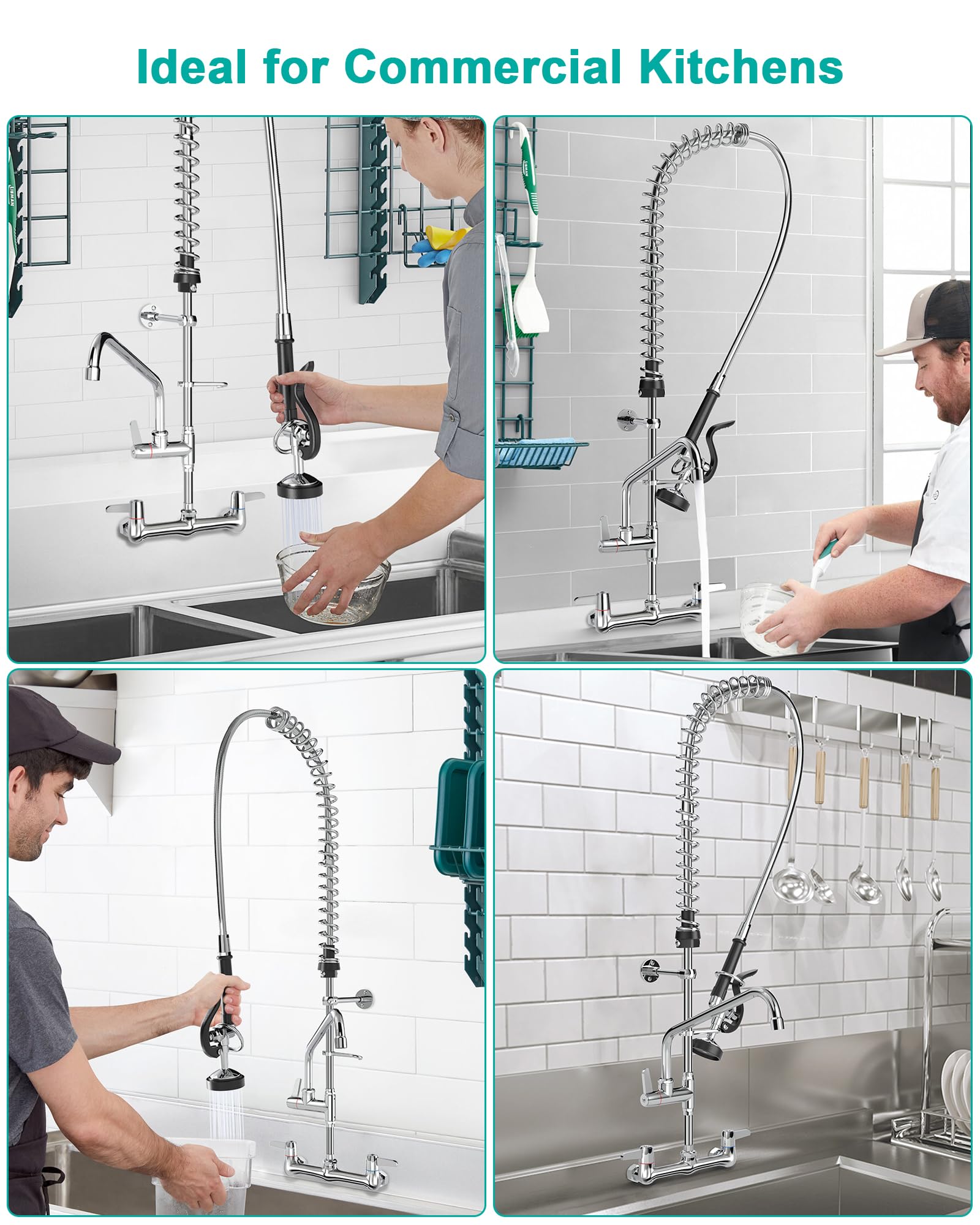 Rnatflu Commercial Faucet With Sprayer Wall Mount : 8 Inch Center Commercial Sink Faucet For Restaurant Industrial Kitchen- Height Adjustable (33-42 Inch) 3 Compartment Sink (Black Sprayer)