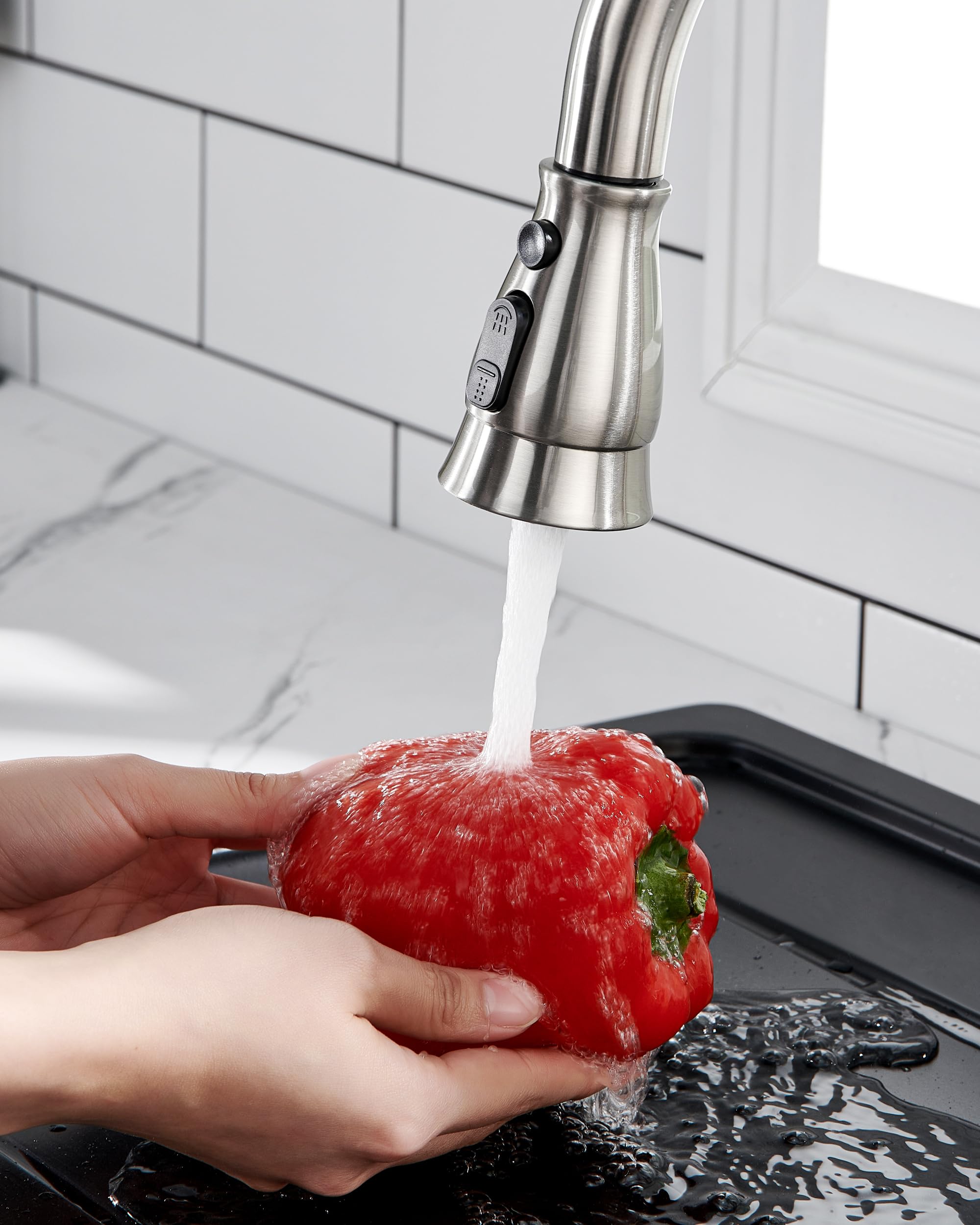 J-Hva Kitchen Faucet Sprayer Head Replacement With 15 Adapters (Updated) - Pull Down Kitchen Sink Faucet Spray Nozzle Head Replacement 3-Function Tap Spray Head For Kitchen Sink, Brushed Nickel