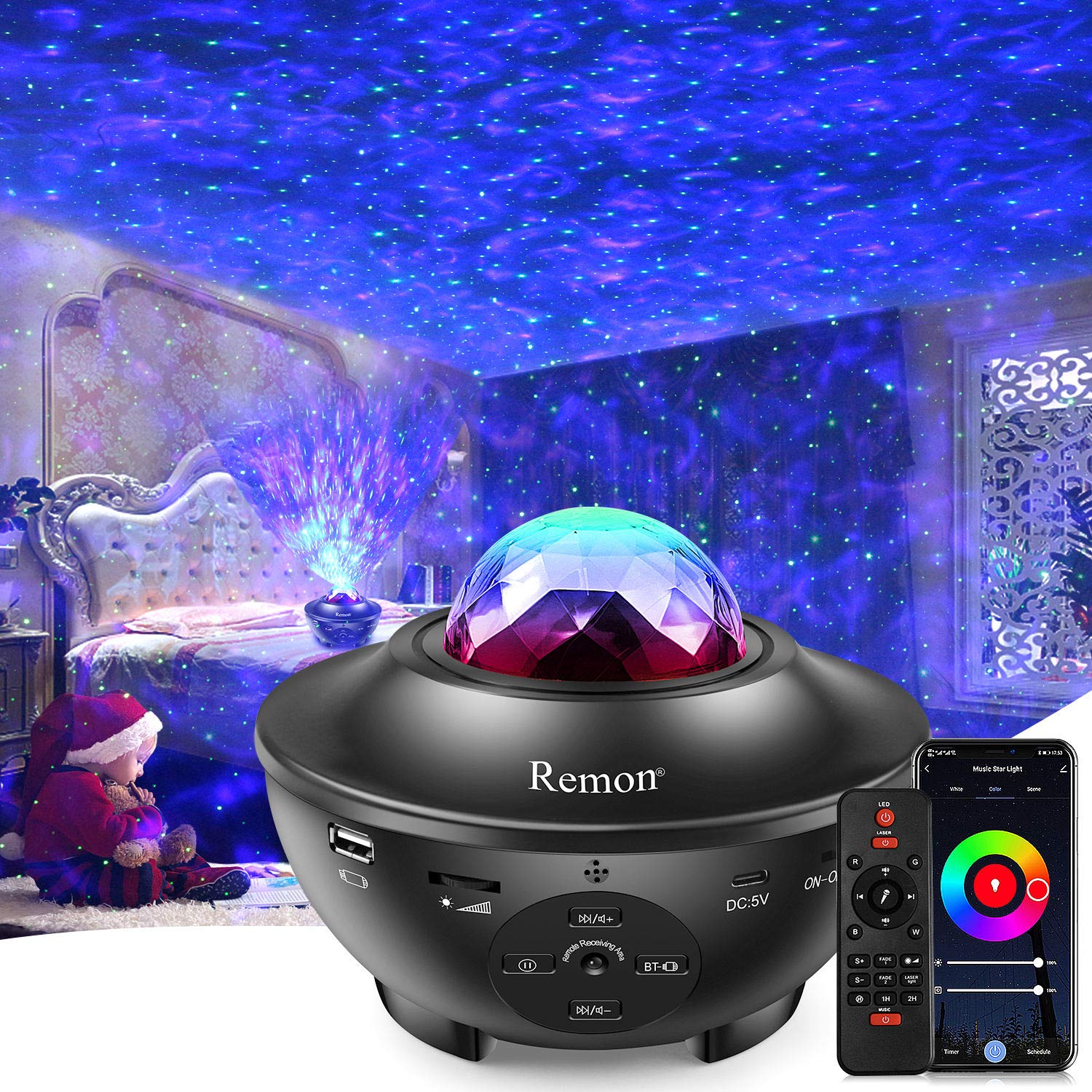 Remon Star Projector Galaxy Projector Smart Night Light With 10 Colors Ocean Wave And Starry Scene Works With Alexa And Google Home, Valentine Bluetooth Music Speaker For Kids Bedroom