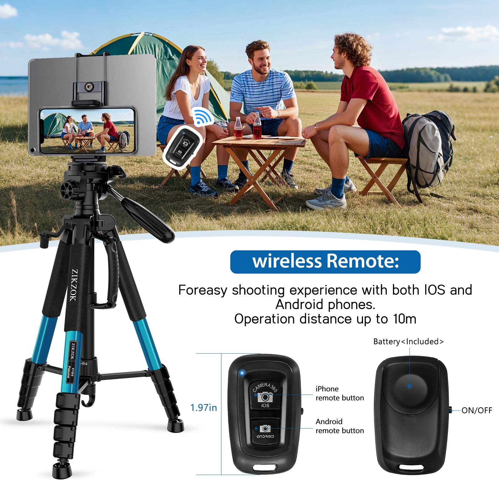 Zikzok 75" Heavy Duty Camera Tripod Stand With Bluetooth Remote - Max Load 15Lb, Aluminum Travel Tripod For Dslr/Phone/Tablet/Projector, 3-Way Pan Head & Quick Release Plate, Compact Foldable Design (Blue)