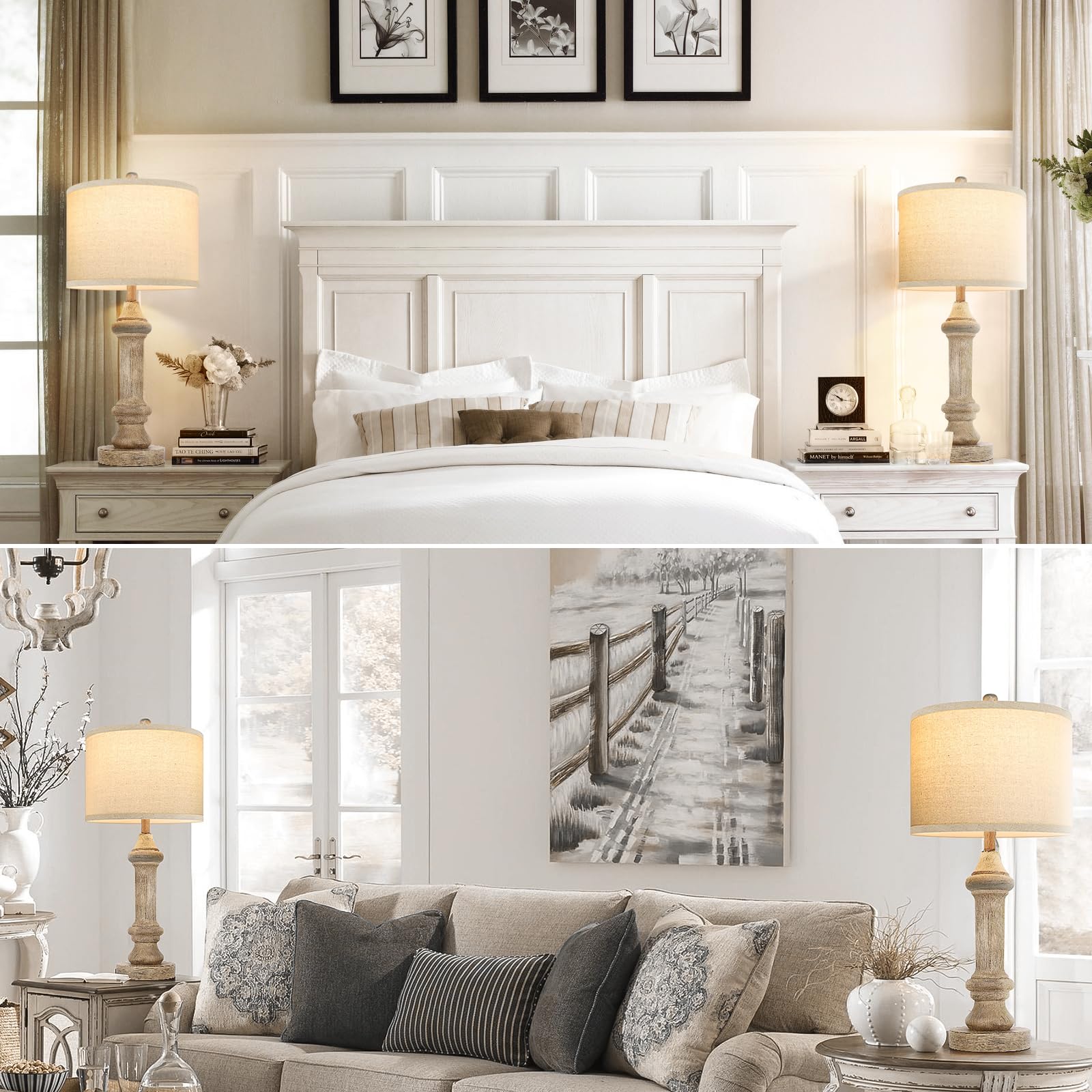 Spclsim Farmhouse Table Lamps For Bedroom Set Of 2, 25" Rustic Living Room End Table Lamps With Beige Resin Body Black Aged Texture Beige Shade, Vintage Bedside Nightstand Lamps, Bulb Not Included