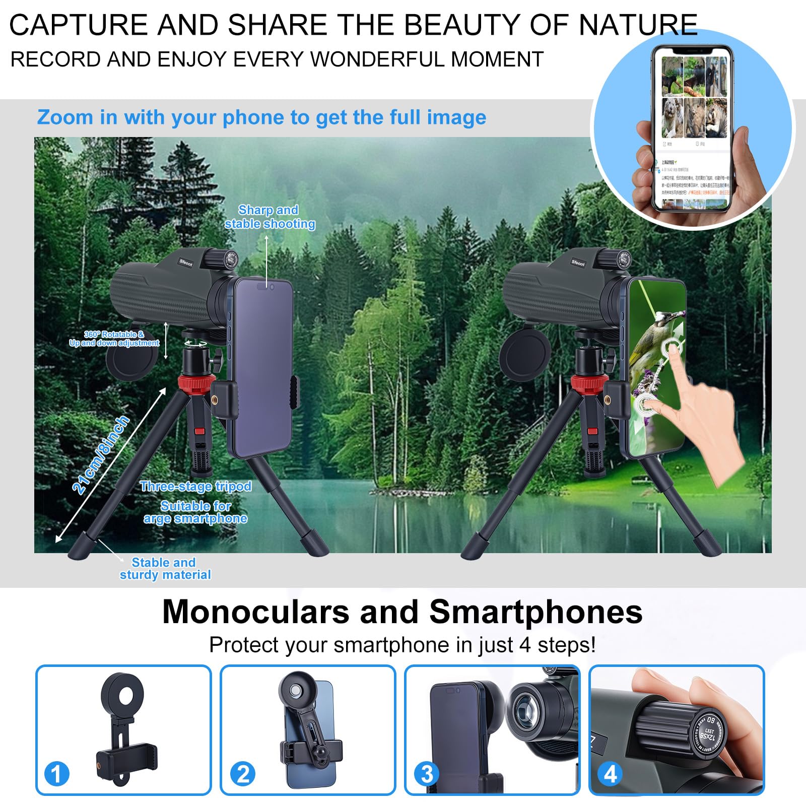 Sfeoot Monocular Telescope 12X56 High Power With Smartphone Adapter Tripod,Larger Vision Monoculars For Adults With Bak4 Prism & Fmc Lens, Suitable For Bird Watching Hunting Hiking Camping Wildlife-Green