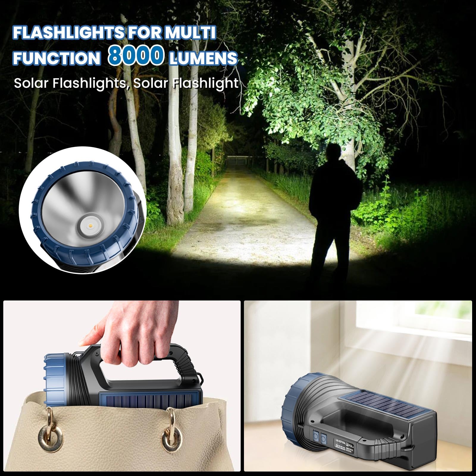 E-Shidai Solar Flashlights, Solar Flashlight Flashlights For Multi Function Led Flashlight With Emergency Strobe Light Emergencies, Led High Lumens, Usb C And Large Capacity Battery Fast Charging(2Pcs)
