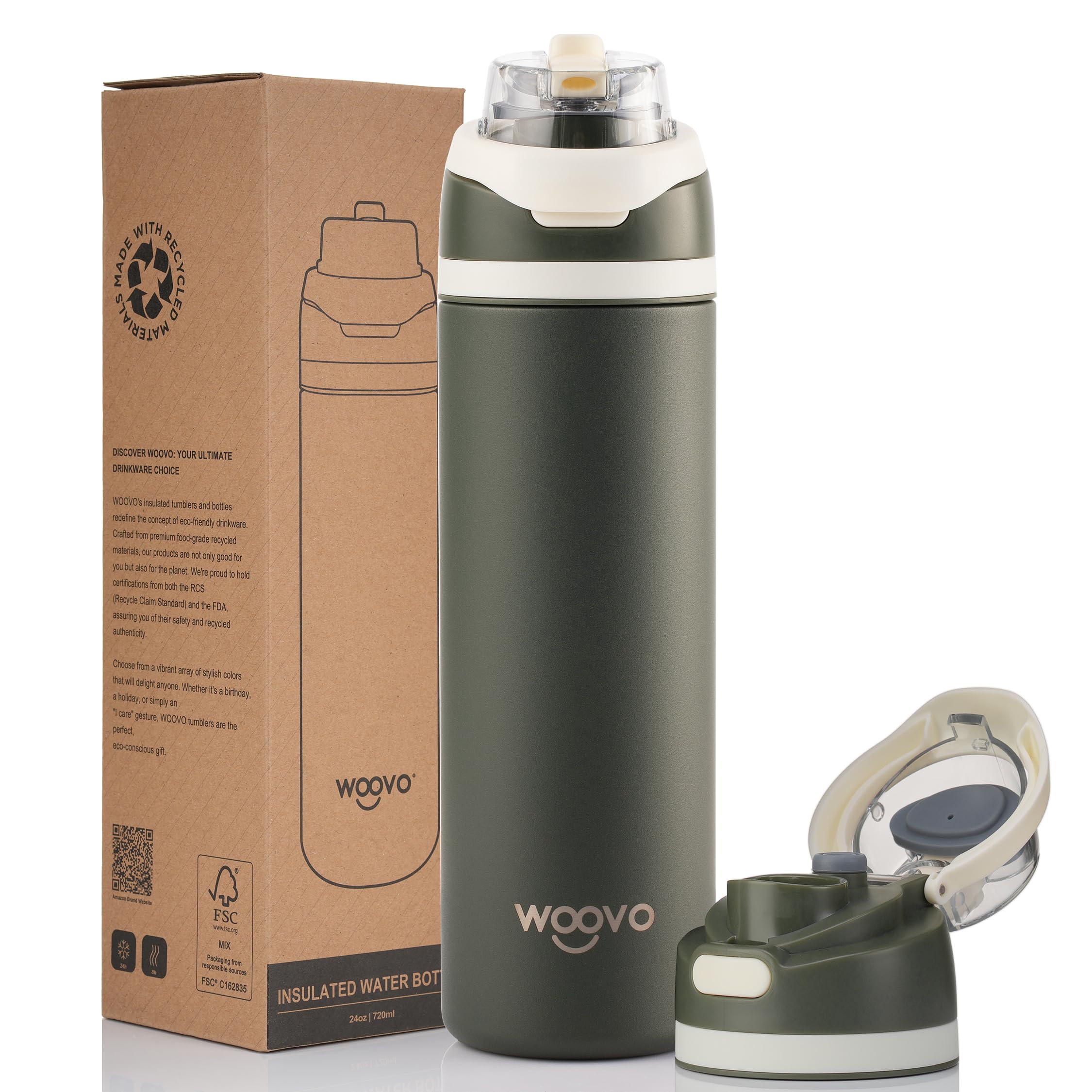 Slim Insulated Water Bottle 24 Oz, Leak Proof Water Bottle With Straw Lid And Carrying Loop