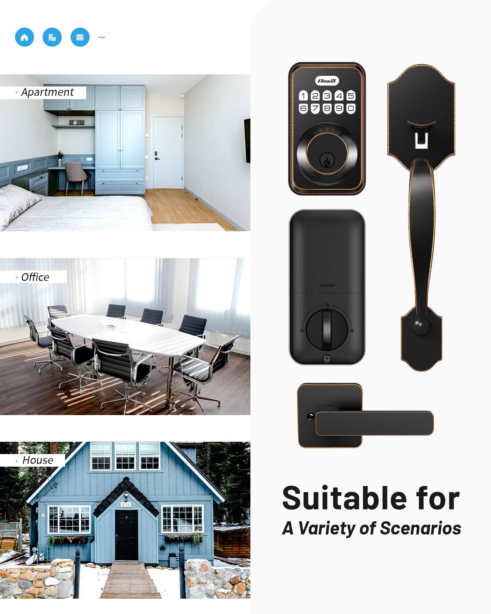 Zowill Keyless Entry Door Lock Set, Electronic Keypad Deadbolt With 2 Handles, Front Door Handle Lever Sets, Auto Lock,Code Door Lock,Oil-Rubbed Bronze