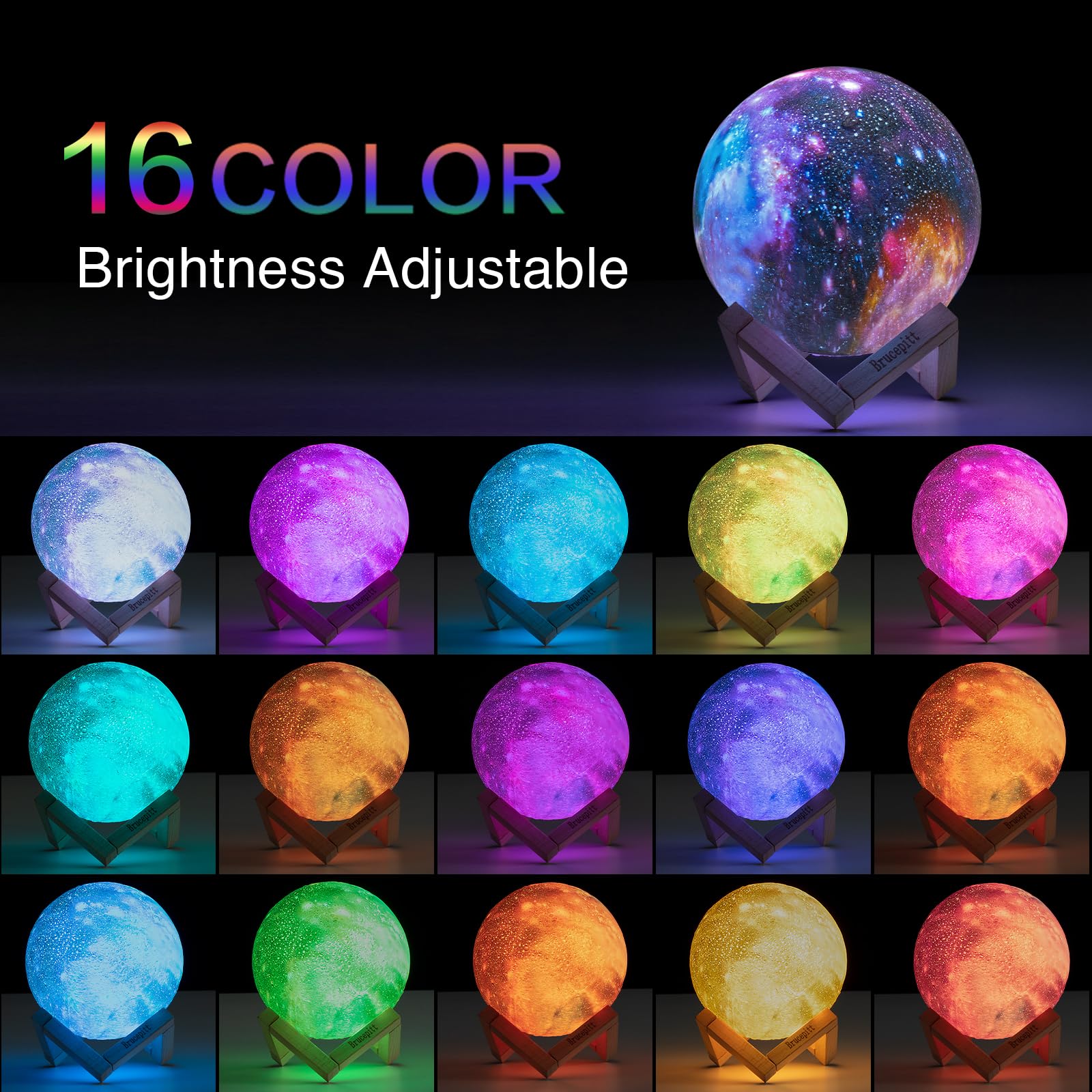 Brucepitt Moon Lamp Galaxy Lamp  Timing 4.7 Inch 16 Colors 3D Moonlight Galaxy Light,Moon Night Light For Adults,Kids Lamp Moon  For Women Girls Boys Bedroom