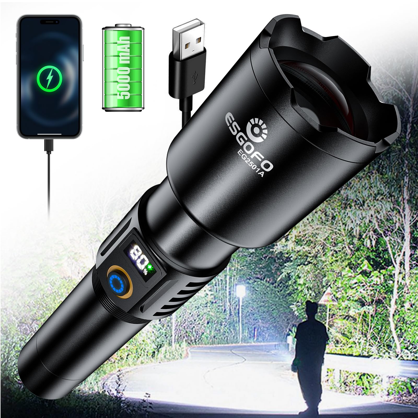 Esgofo Rechargeable Flashlights High Lumens 2000 Long Range 3280Ft, Super Bright Handheld Strong Led Flashlight Long Lasting 15H, Powerful Flash Light Usb C, Zoomable 5 Modes, For Camping Hiking