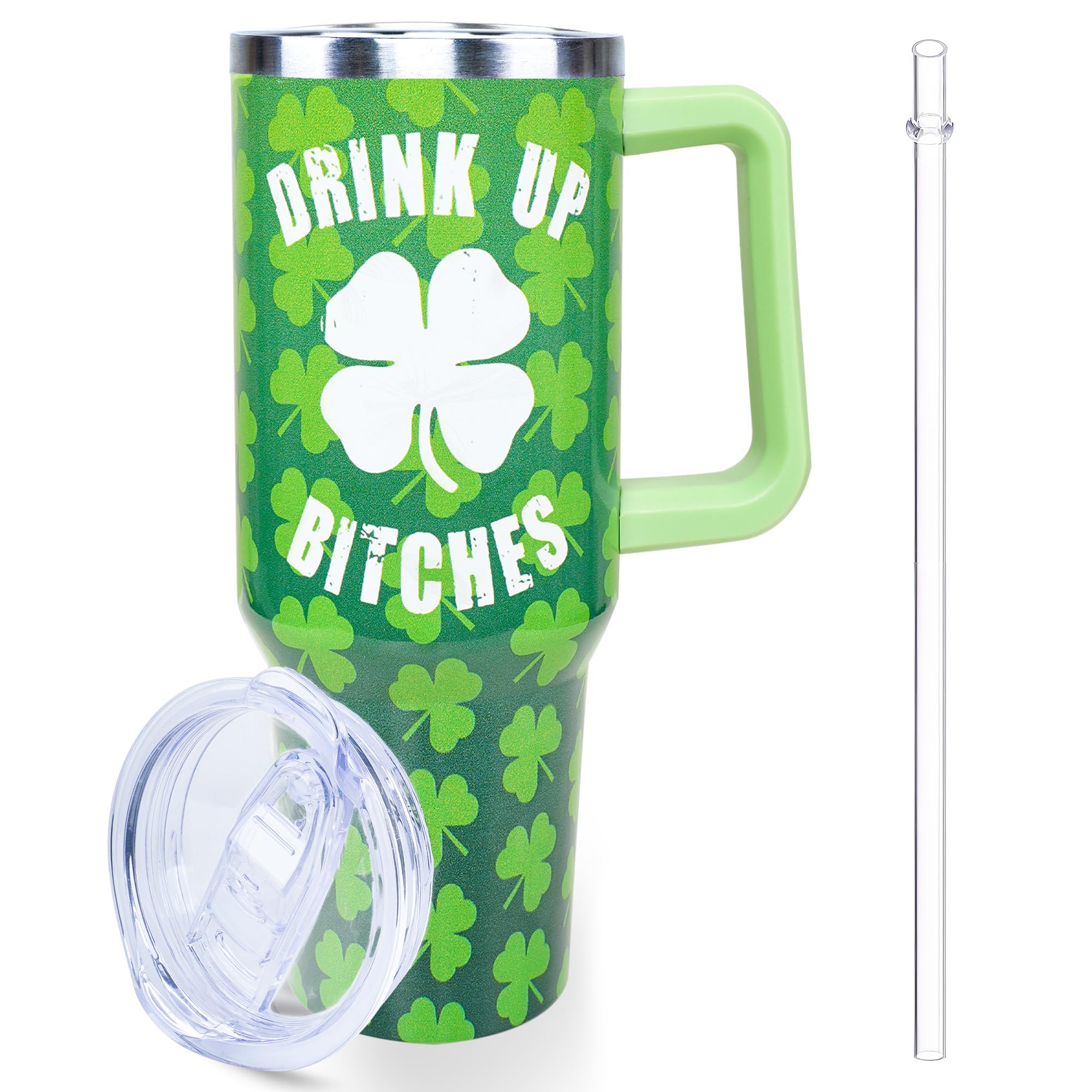 40Oz St Patricks Day Tumbler With Handle And Straw, Green Irish Shamrocks Stainless Steel