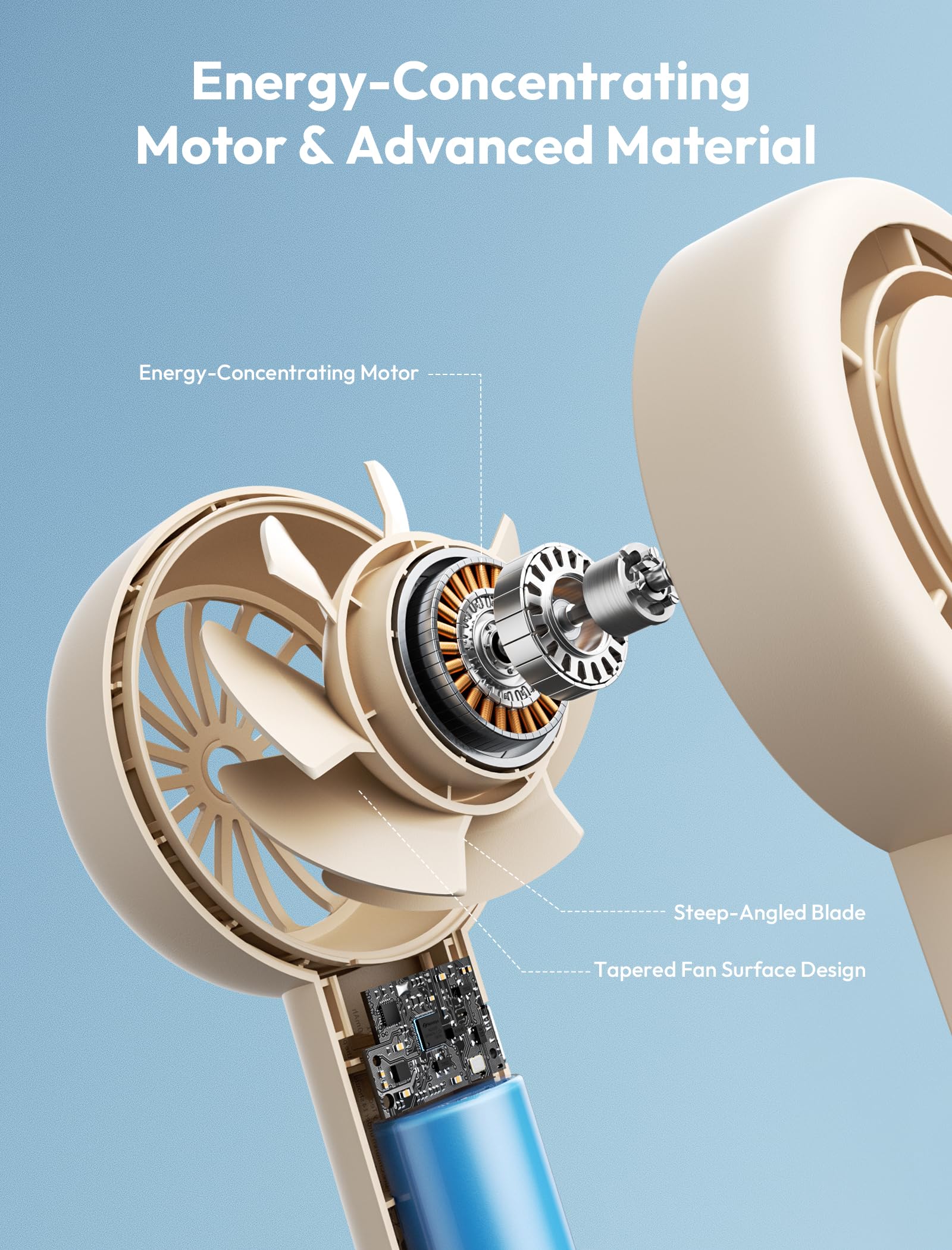 Aecooly rechargeable handheld fan with 5-speed settings, providing up to 16 hours of cooling comfort