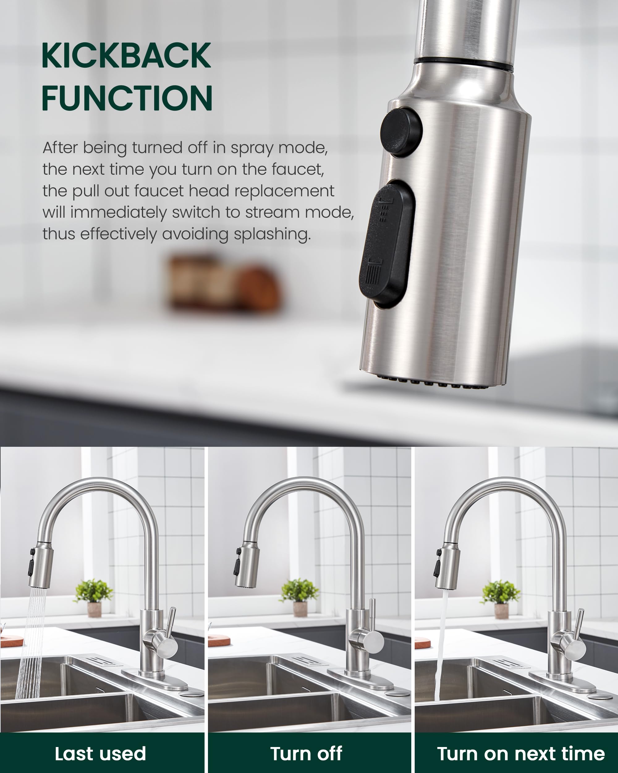 Heisok Kitchen Faucet Spray Head Replacement, Pull Down Faucet Head Replacement With 15 Adapters, 3 Function Spray Nozzle For Kitchen Faucet, Replacement Pull Out Faucet Head, Brushed Nickel