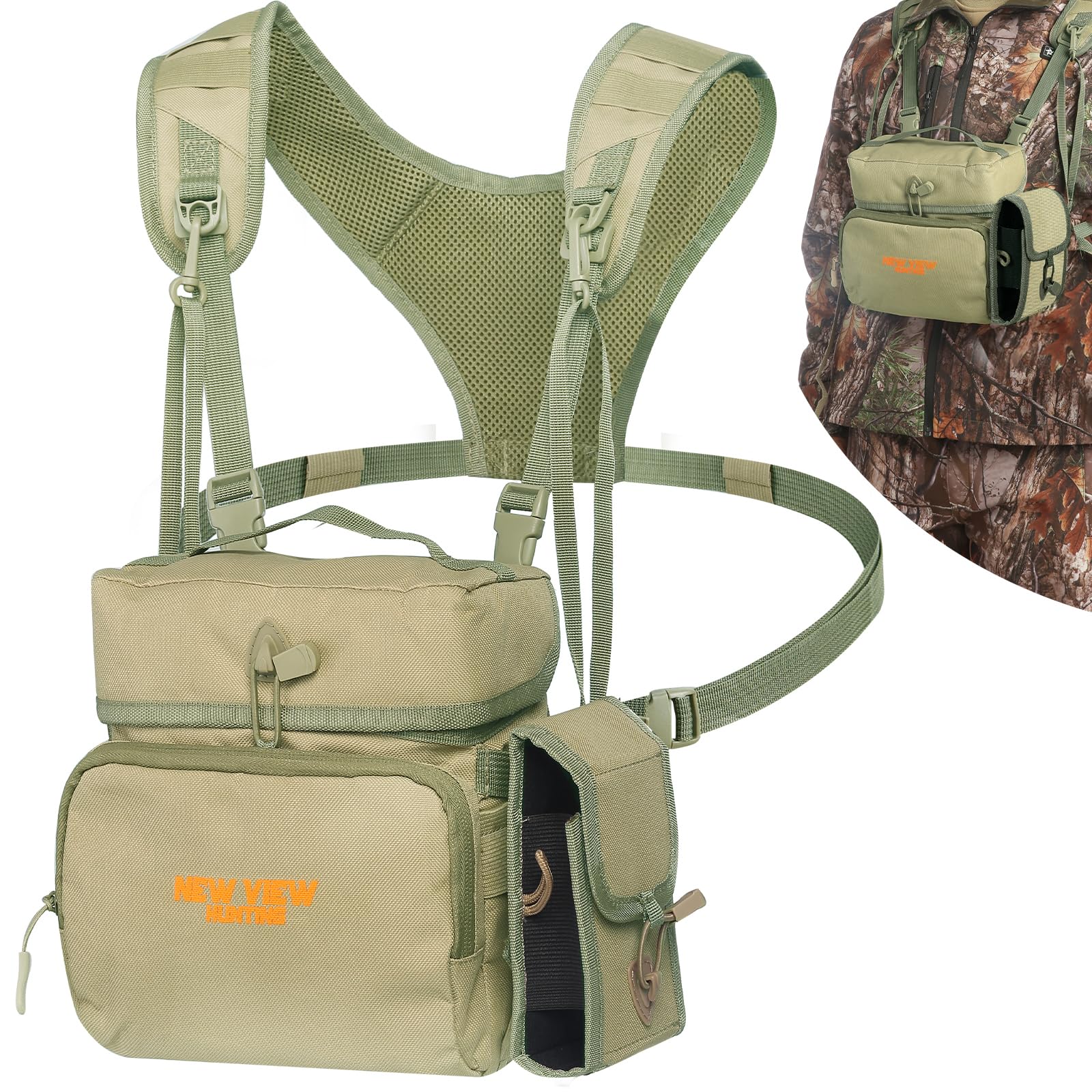 Binocular Harness Chest Pack With Rangefinder Pouch, Bino Harness With Rain Cover For Bird Watching, Hunting, Hiking