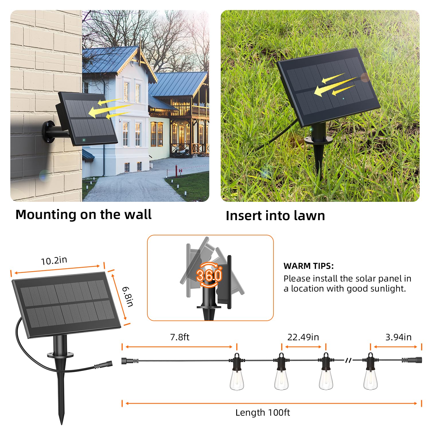 Kawaya Solar-Powered Outdoor String Lights: 100 Ft Led Outside Patio Lights With Usb-Charging - Ip65 Waterproof Hanging Lights - 50+2 Shatterproof Edison Bulbs For Bistro Cafe Camp Yard Porch Balcony