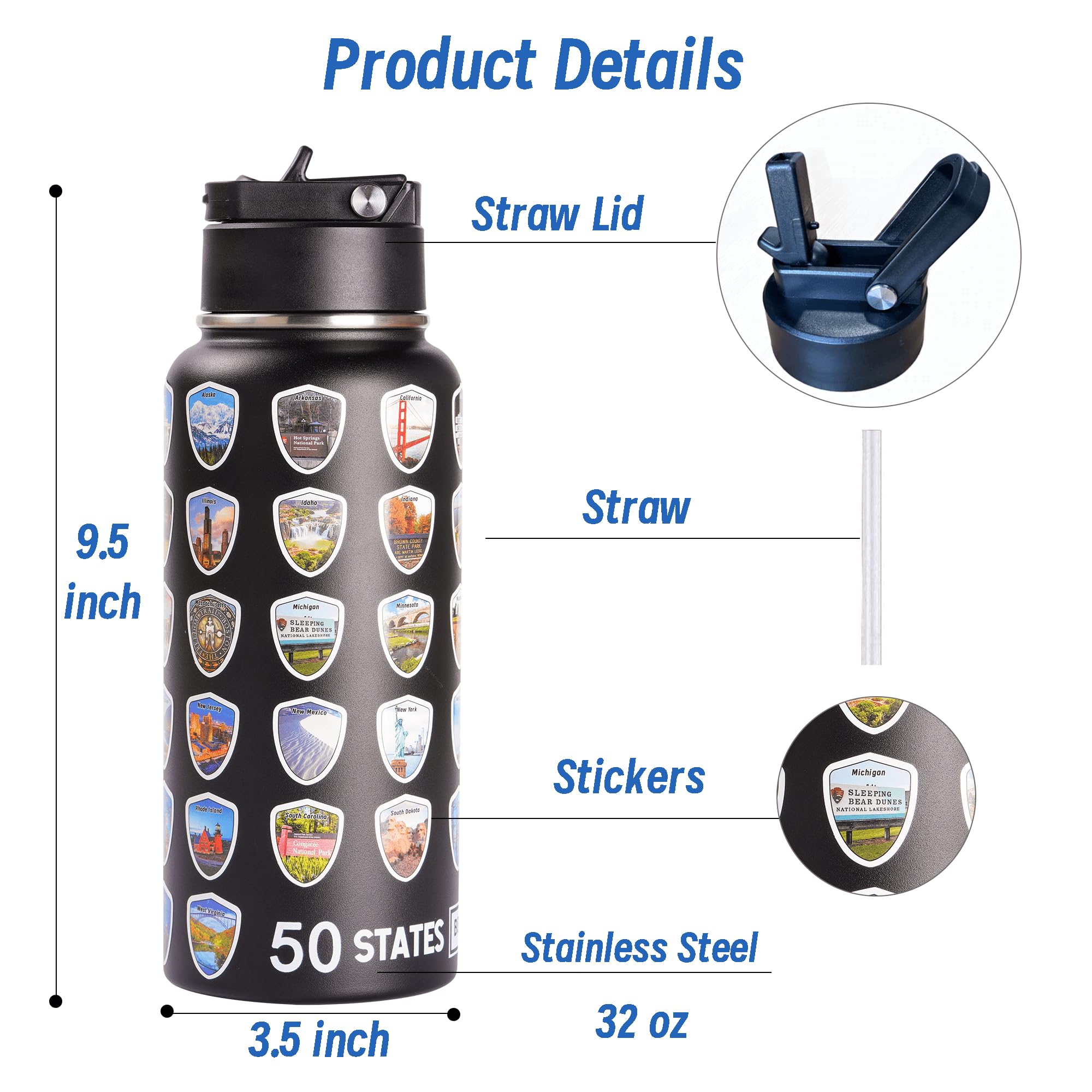 50 States Water Bottle With Stickers, National Parks Water Bottle, Stainless Steel Insulated Bottle