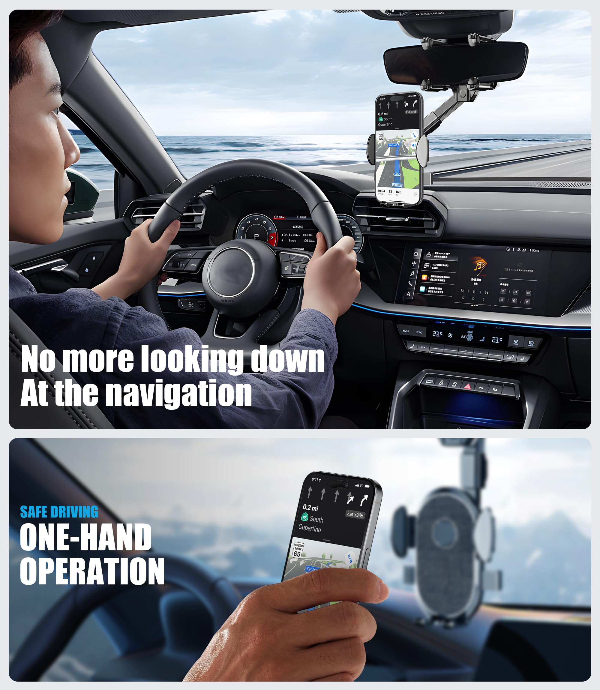 Seltureone Rear View Mirror Phone Holder, 360° Rotatable And Retractable Car Phone Holder Universal Rearview Car Phone Mount For All Mobile Phones