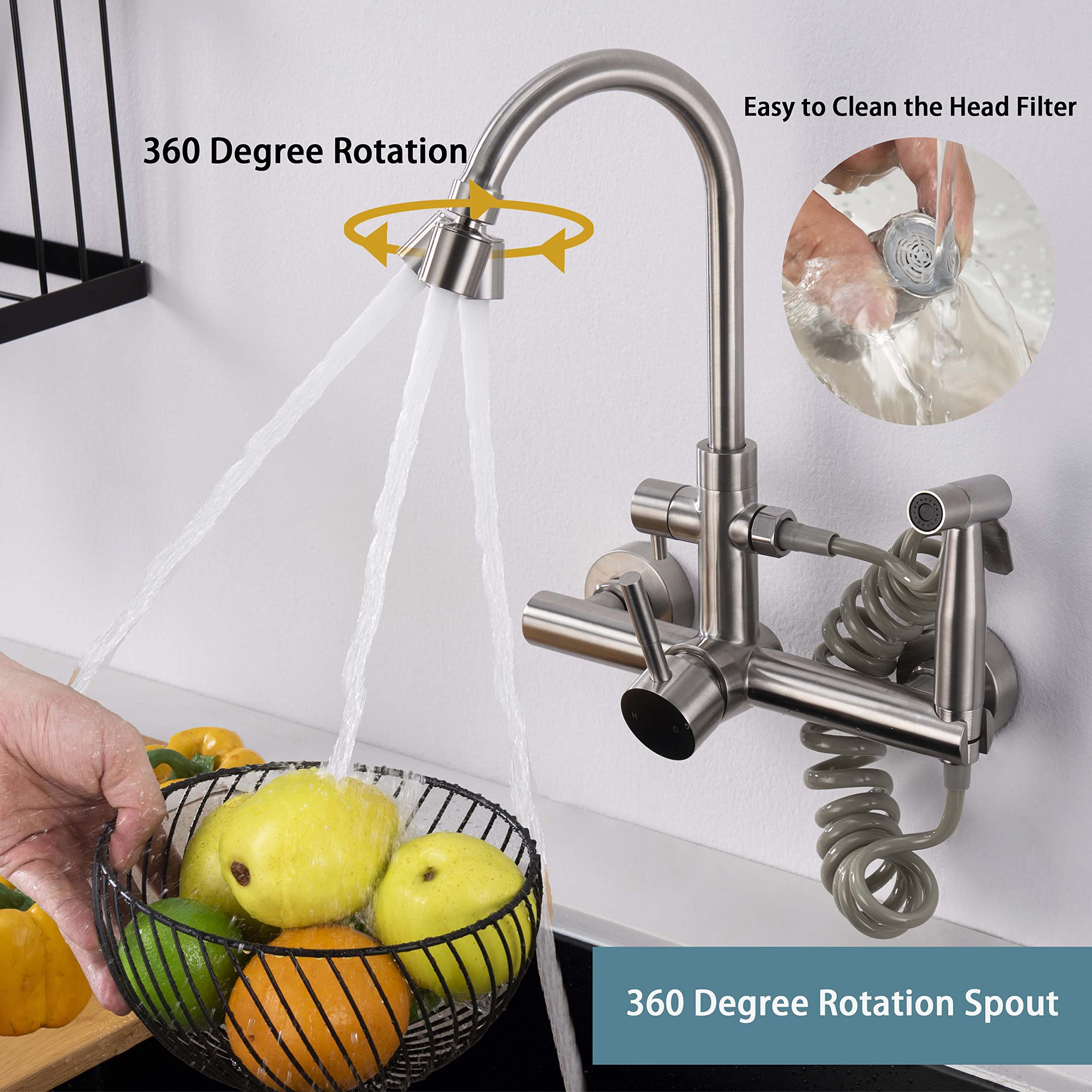 Vosomgssa Brushed Nickel Wall Mount Kitchen Faucet - 8 Inch, Swivel Spout, Spray & 2 Water Jets