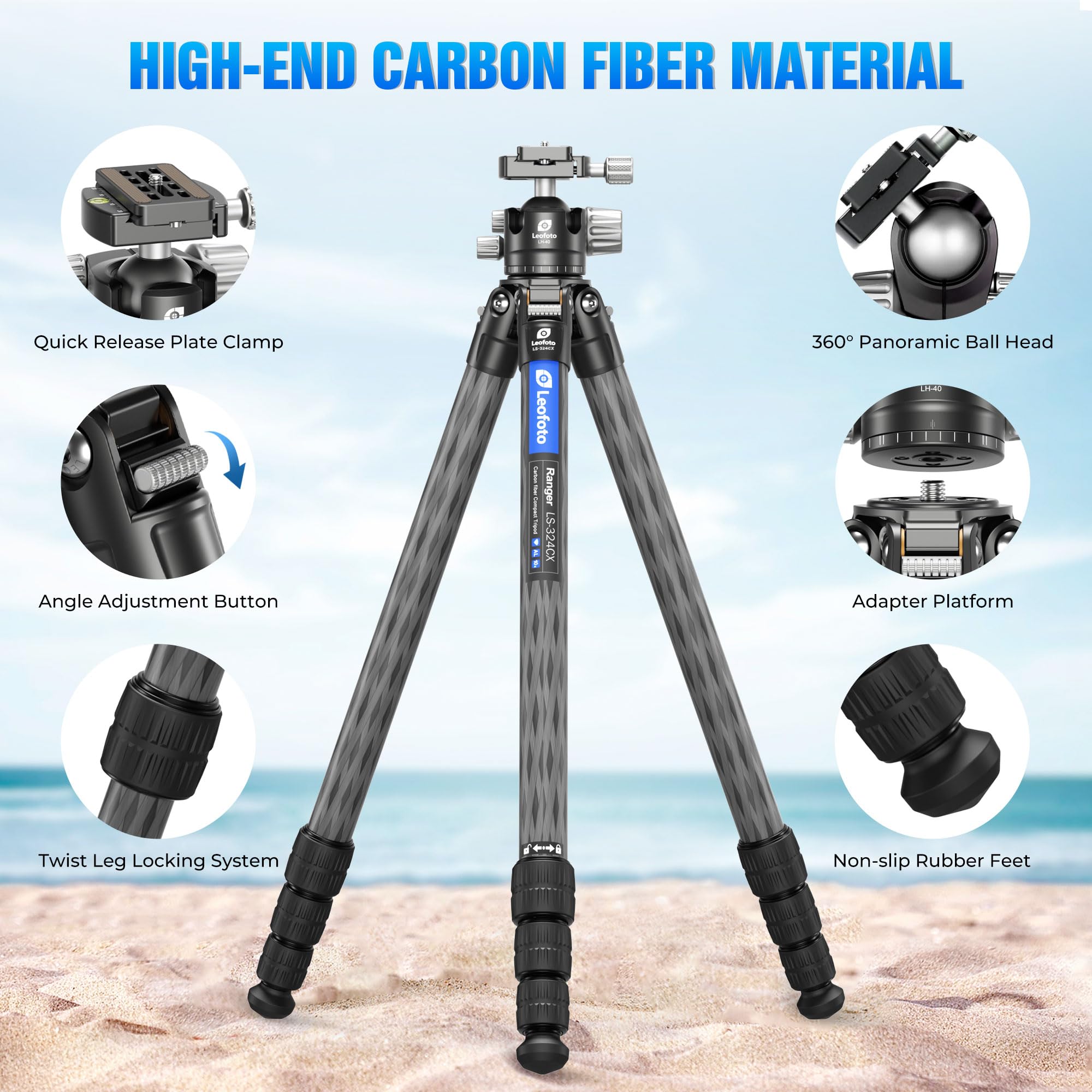Leofoto 71" Travel Tripod Carbon Fiber For Camera, Compact Lightweight Tripod With 360° Panorama Ball Head, Qr Plate, Removable Center Column, Load Up To 15Kg/33Lbs (Ls-324Cx+Lh-40)