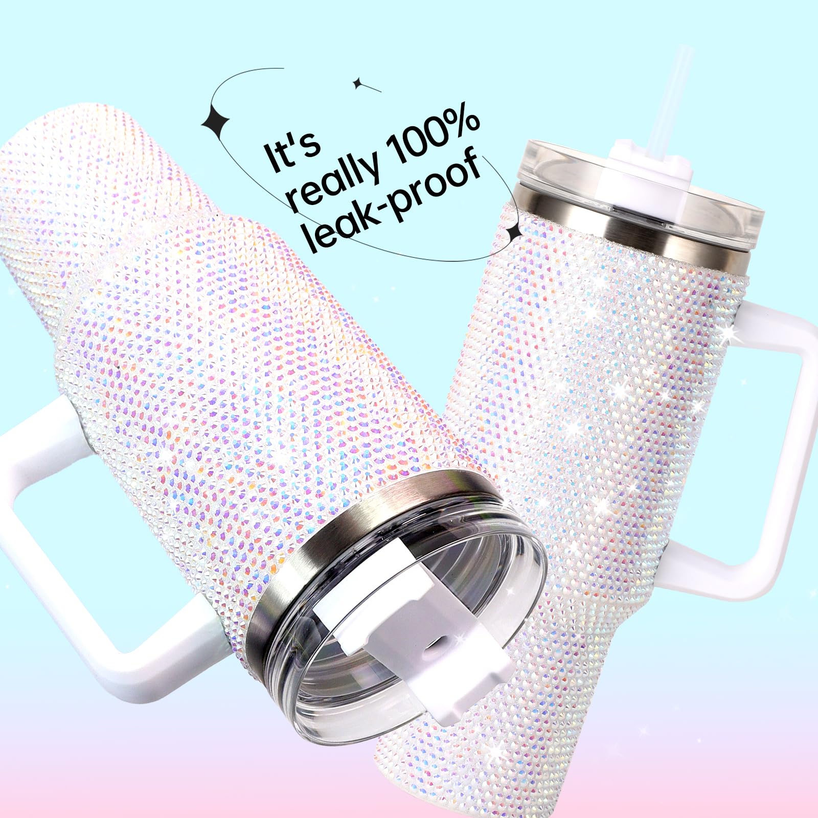 40Oz Bling Tumbler With Handle Studded Rhinestone Tumbler Glitter Cups With Lid Stainless Steel