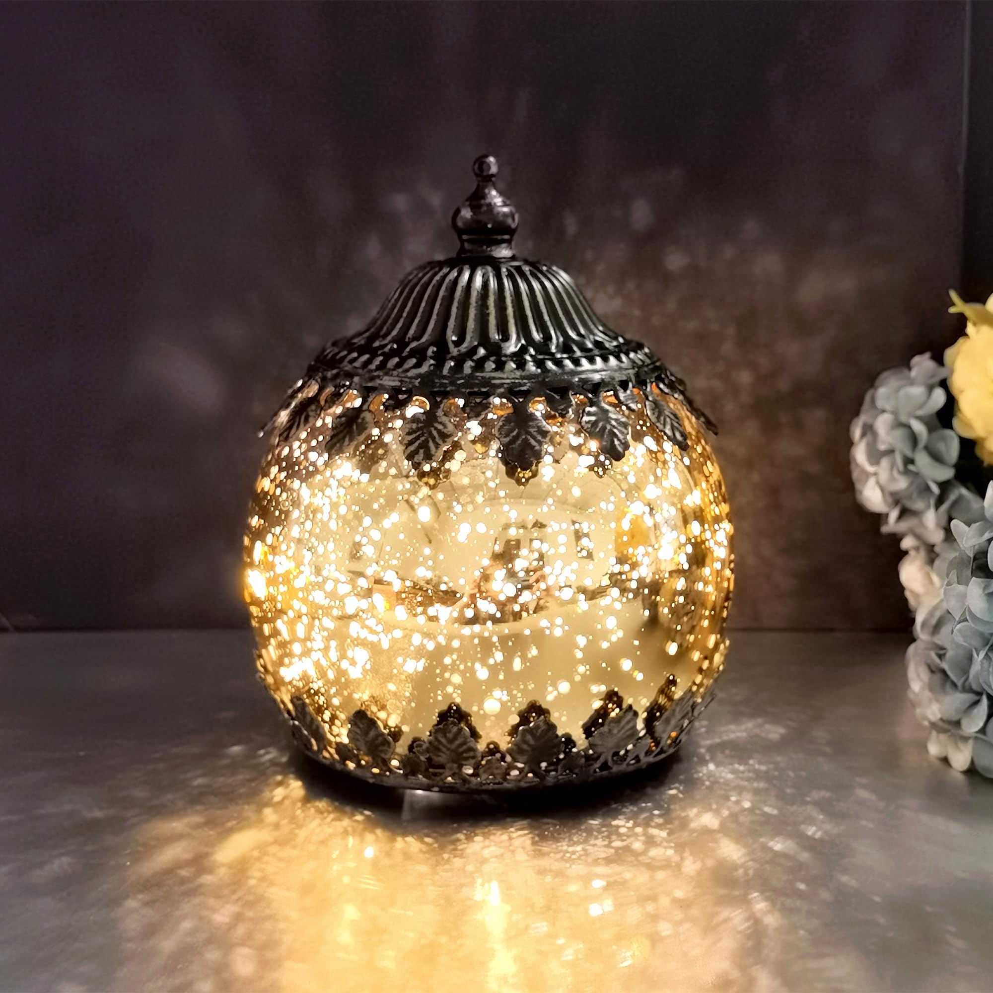 Auron Decorative Atmosphere Lamp Vitage Table Lamp Night Light Battery Powered Bedside Lamp Round Ambient Lighting Lantern (Gold)