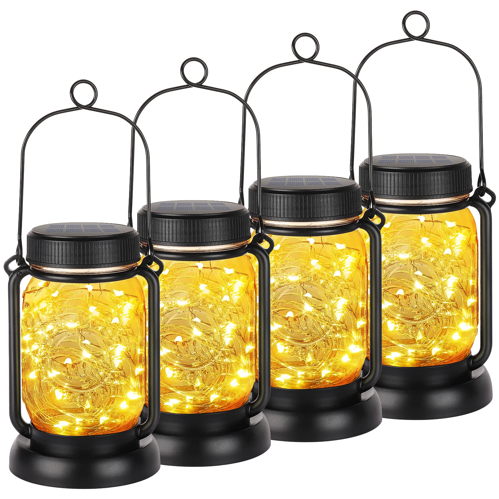 Mlambert 4 Pack Solar Hanging Lantern With Stakes, Outdoor Waterproof Solar Mason Jar Fairy String Lights Decorative Vintage Glass Lamp-Warm White