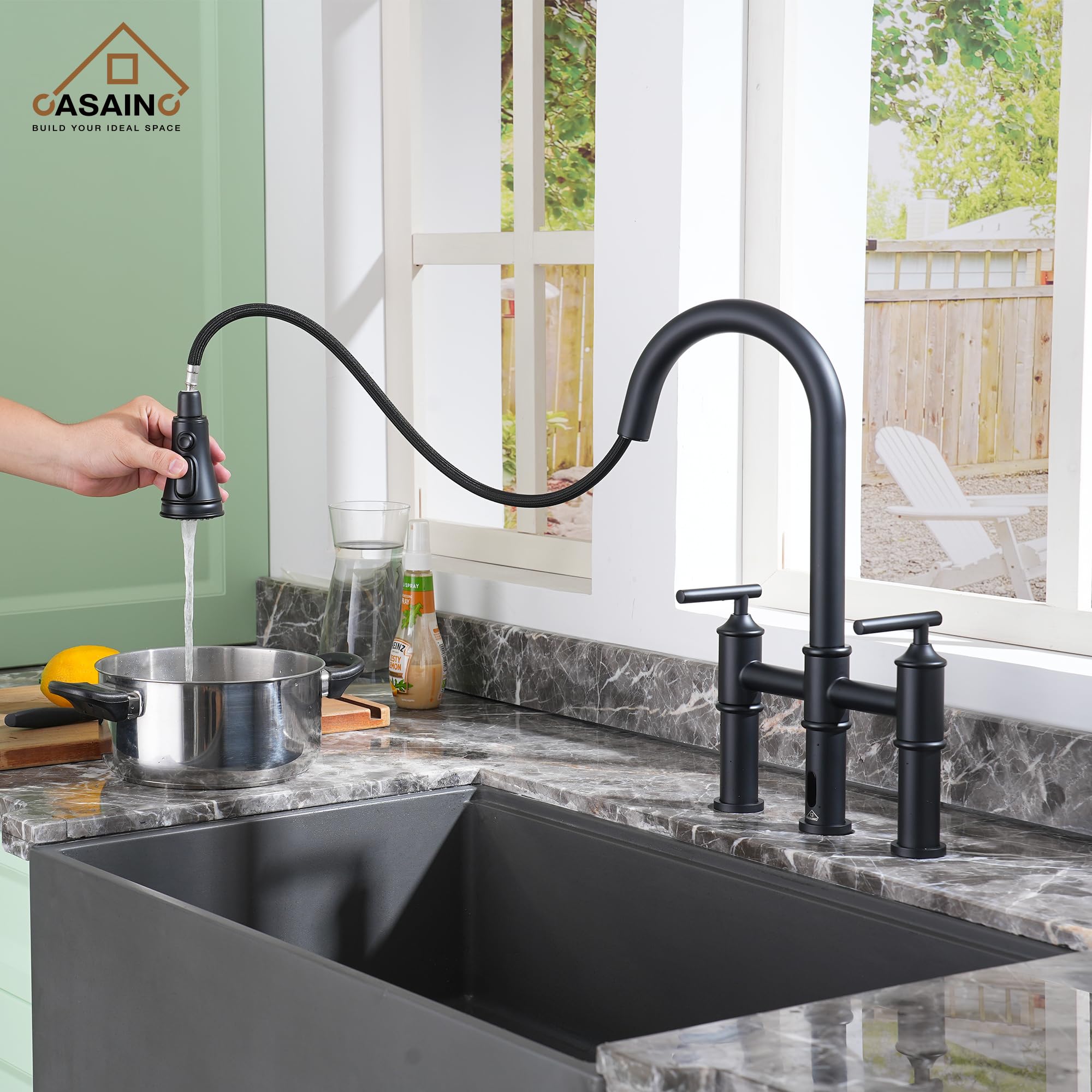 Casainc Bridge Kitchen Faucet, Motion Sensor Kitchen Faucet For Sink 1/3 Hole Matt Black Kitchen Sink Faucet, Doublehandle 8 Inch Centerset Bridge Faucet For Kitchen/Rv/Patio Sink Remodel