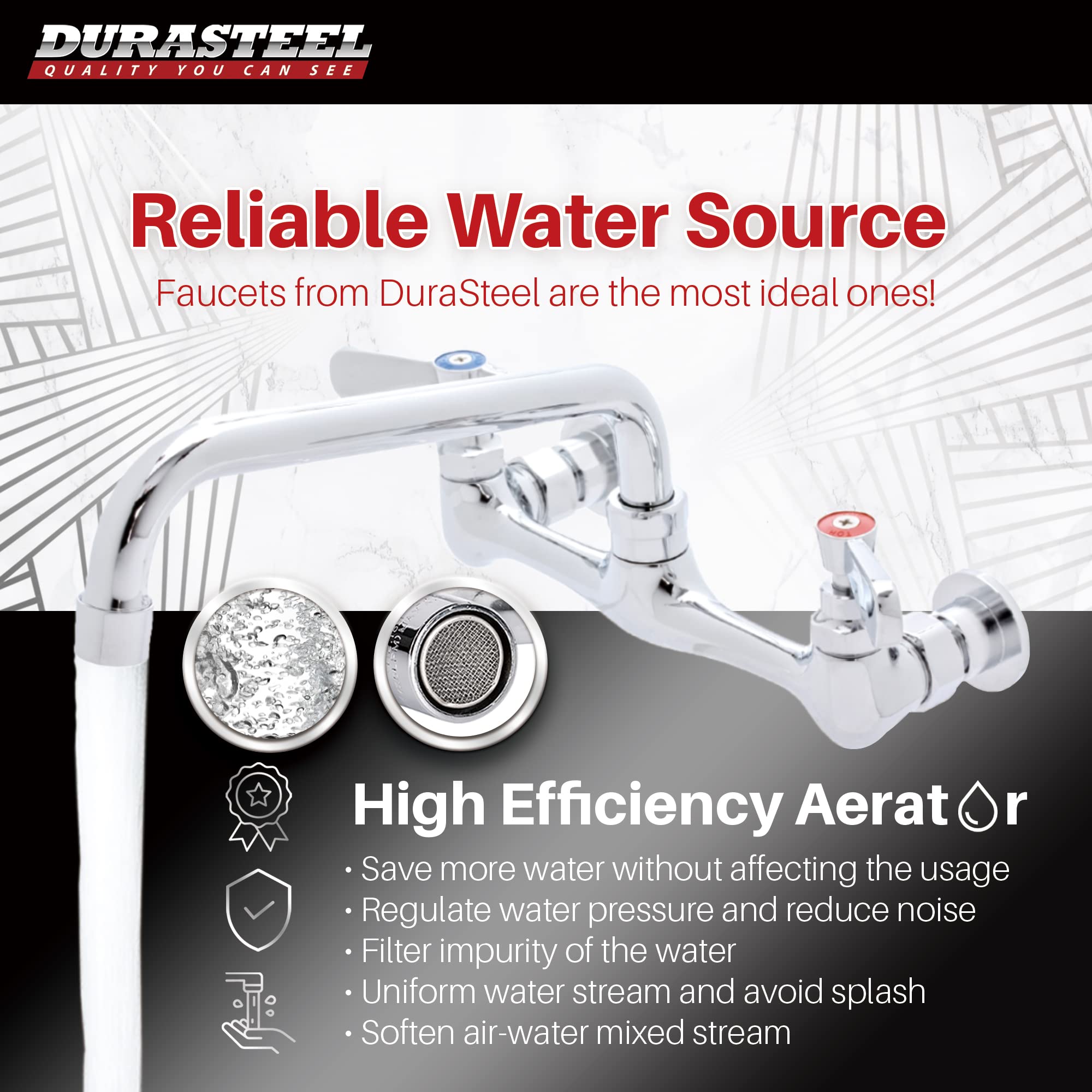 Durasteel Kitchen Sink Faucet Wall Mount - 8" Center Commercial Kitchen Sink Faucet With 8" Swivel Spout - Dual Lever Handles - Brass Constructed & Chrome Polished