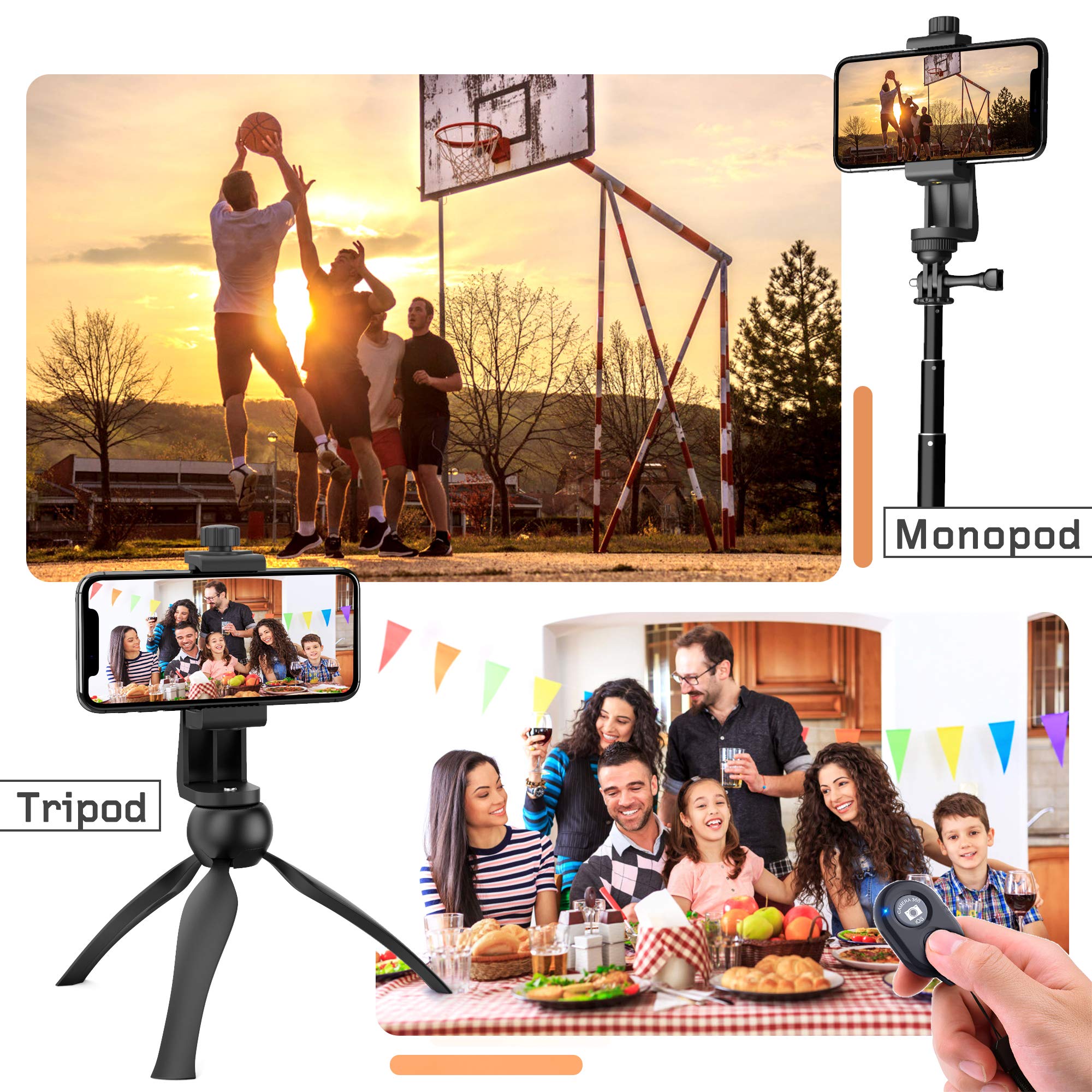 Zttopo Universal Phone Tripod Mount Adapter With WIreless Camera Remote , Cell Phone Holder With Adjustable Clamp For Selfie Stick Monopod Compatible With Iphone, Samsung And So On , Wrist Strap Included