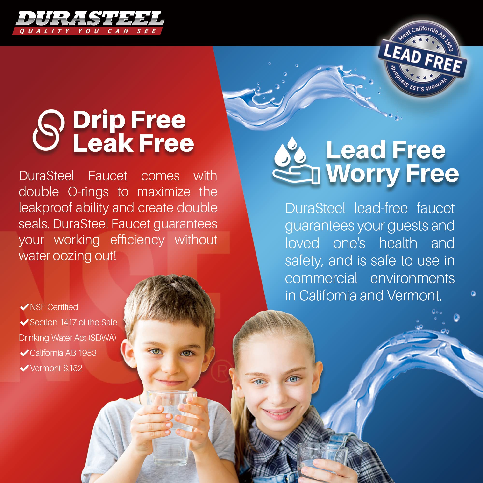 Durasteel Commercial Kitchen Sink Pre-Rinse Faucet - 38" Height 8" Center No-Lead Wall Mount Industrial Faucet W/ Pull Down Pre-Rinse Sprayer - Nsf