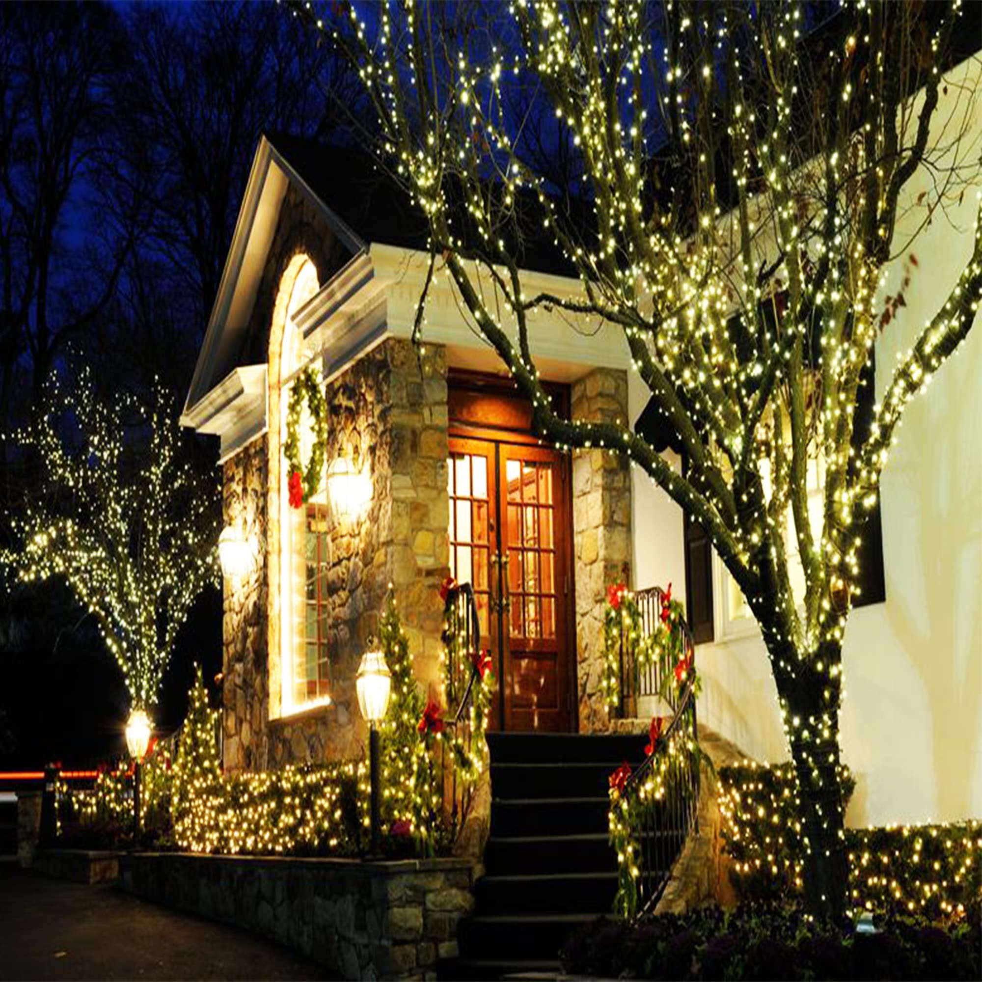 Kemooie 2 Packs Outdoor Solar Christmas Lights, 240 Led 78.7 Ft Waterproof Warm White Solar String Lights 8 Twinkle Modes For Xmas, Patio, Tree, Garden, Wedding, Party (Warm White)