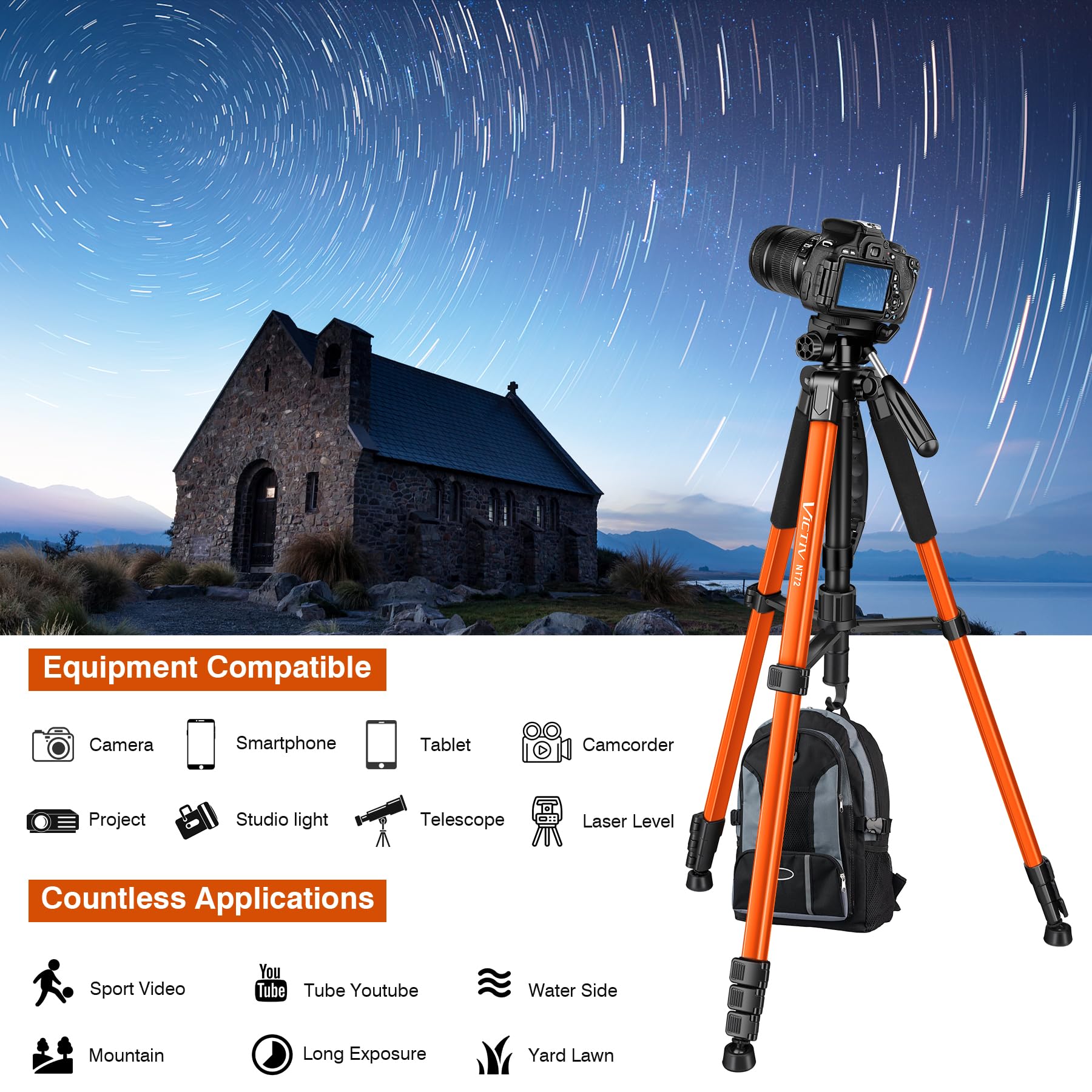 Victiv Tripod For Camera, 72" Tall Camera Tripod & Monopod With Remote, Professional Heavy Duty Compact Camera Stand For Phone, Dslr, Spotting Scope, Telescope, Binocular