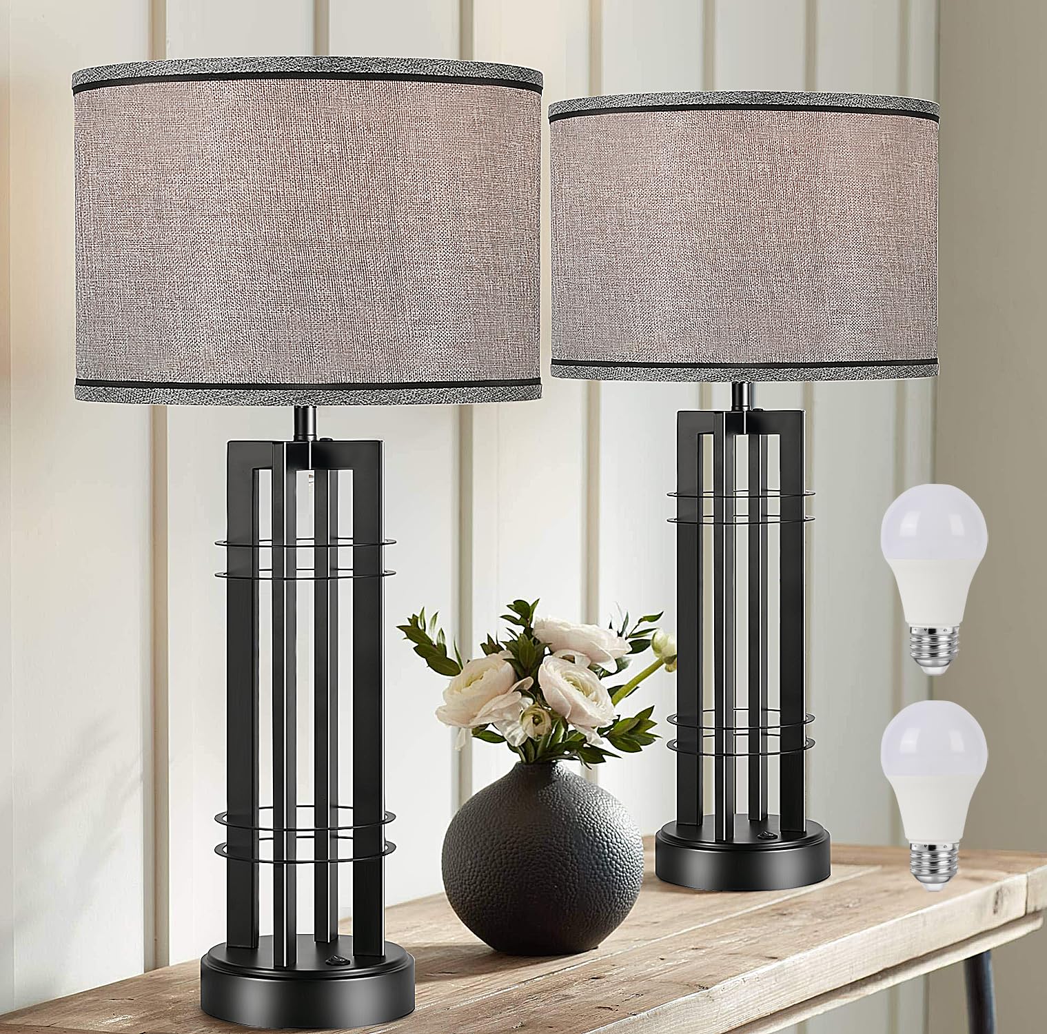 Easebri 27In Tall Table Lamps For Living Room Button Control Farmhouse Rustic Table Lamps Set Of 2 Sidetable Lamps Black&Grey Bedroom Lamps For Bedside Nightstand End Table