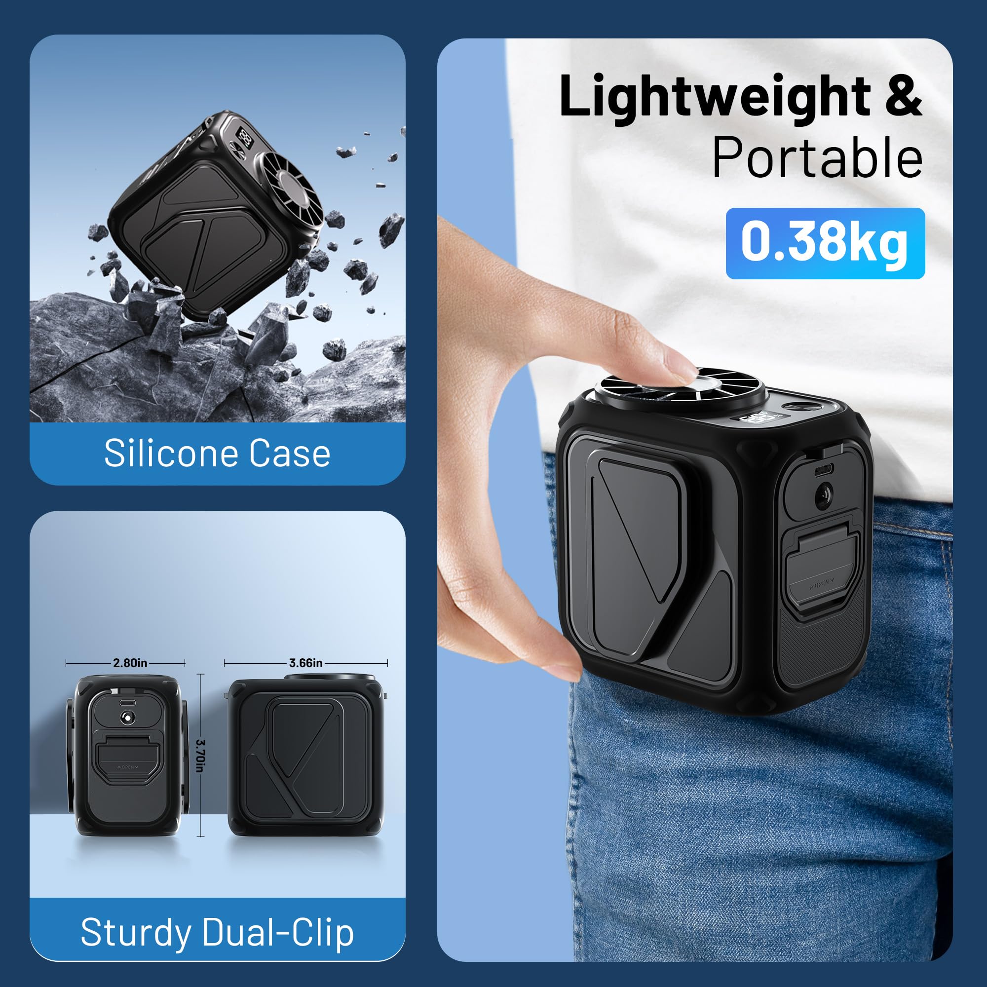 Portable Waist Fan Clip On, 10000Mah Rechargeable & Flashlight, Under Shirt Fan With 5 Speeds Hands