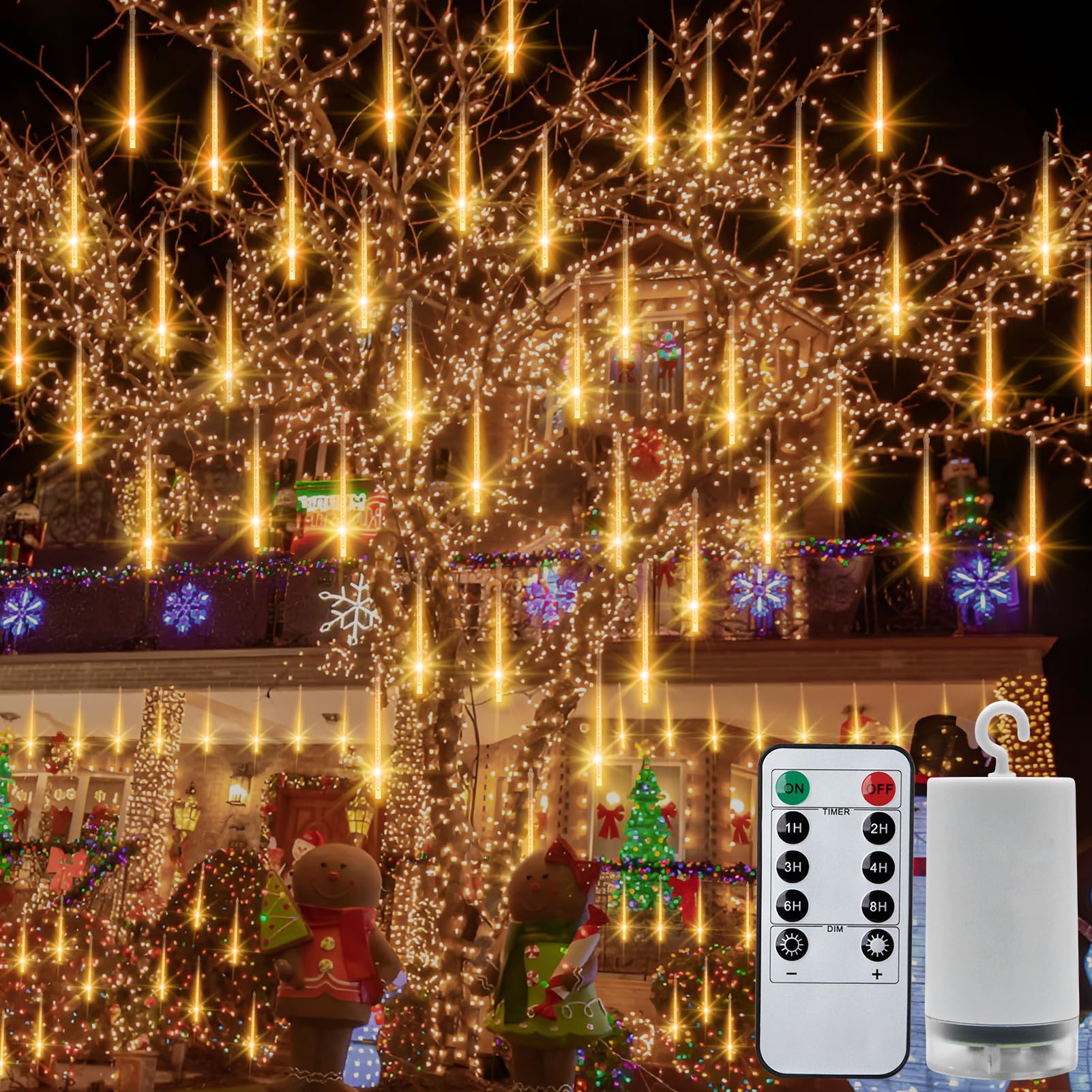 Lumbelle Christmas Meteor Shower Lights Battery Powered, Waterproof 192 Led Icicle Snow Falling Lights With Remote Timer Raindrop Light For Tree Yard Patio Christmas Party Outdoor Decor(Warm White)
