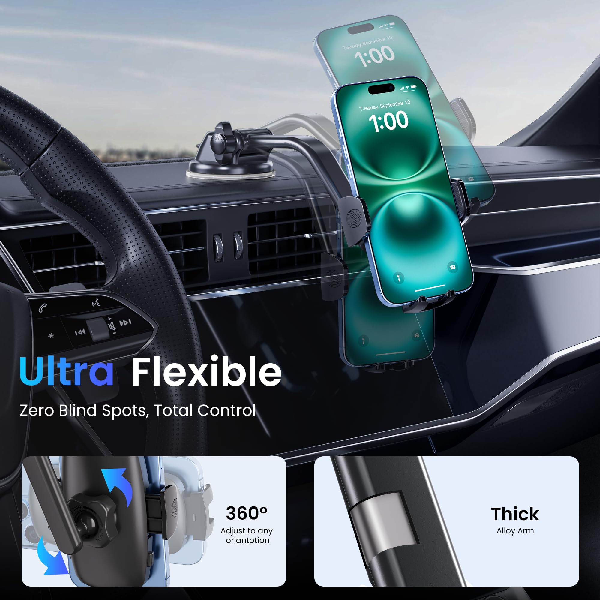 Tuorl Car Phone Holder, Universal Phone Mount For Car Dashboard&Windshield&Air Vent,Super Suction Dash Cellphone Car Mount Stand For Iphone 16/15/14/13/12/11 Pro Max, Samsung & Android Smartphones