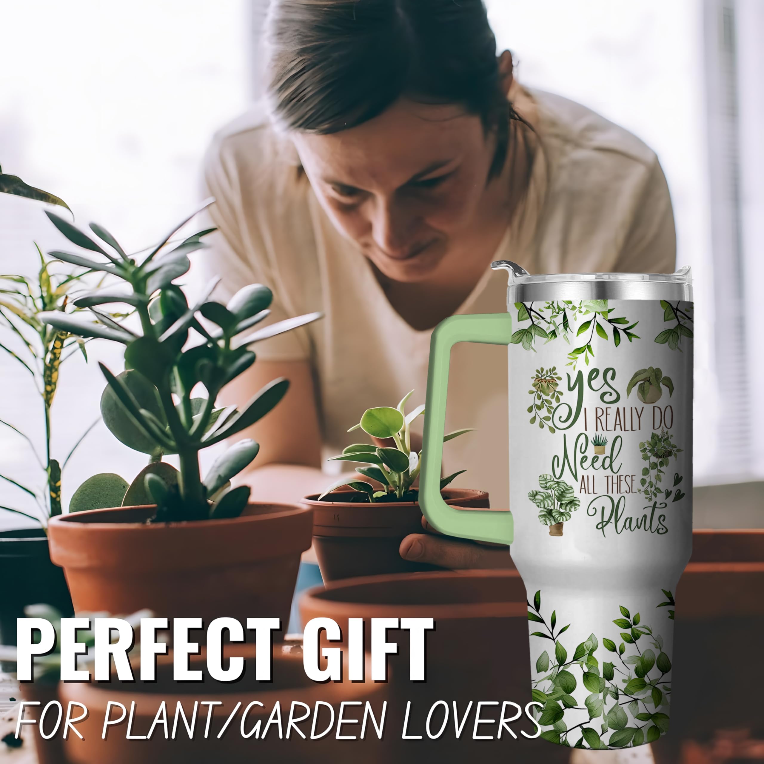 40 Oz Plant Tumbler With Handle And Straw, Double Wall Coffee Travel Mug Leak Proof, Stainless
