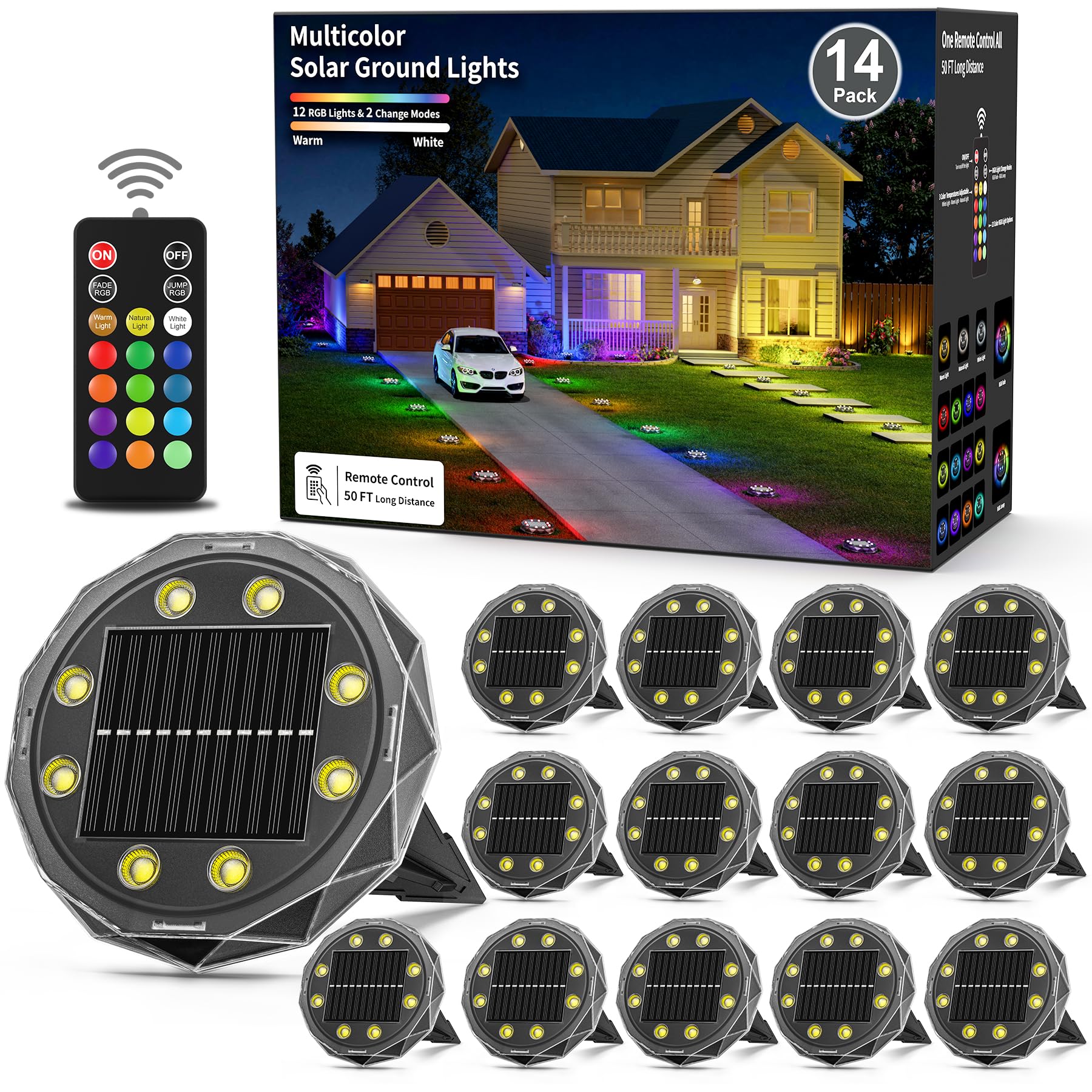 Hicotet Solar Ground Lights With Remote Control 50Ft,Ip67 Waterproof Solar Garden 15 Multi Color Lights,Rgbyw Solar Powered Outdoor Landscape Lighting For Pathway,Yard,Deck,Lawn,Patio,Walkway,Poolside,14 Pack