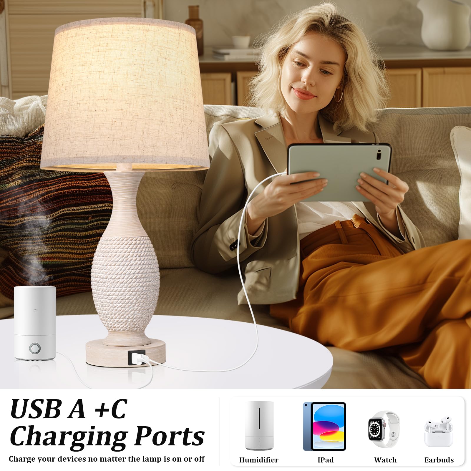 Seealle 22.6" Bedside Lamps Set Of 2 With Usb C+A - Dimmable Touch Lamps For Night Stands Bedroom Living Room End Table(Bulbs Included)