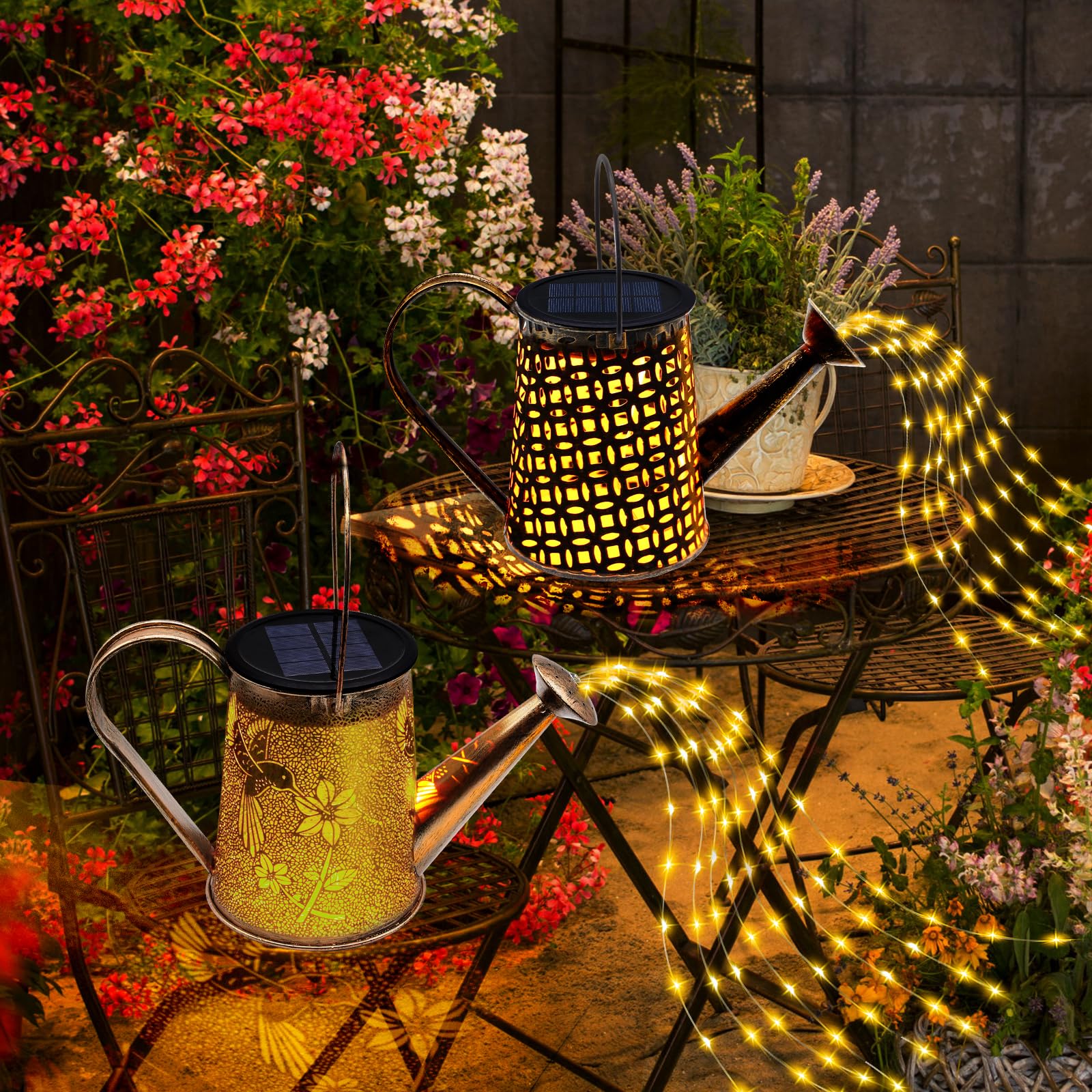 Yjfwal 2 Pack Solar Watering Can With Lights,Hummingbird Pattern+Copper Coin Pattern
