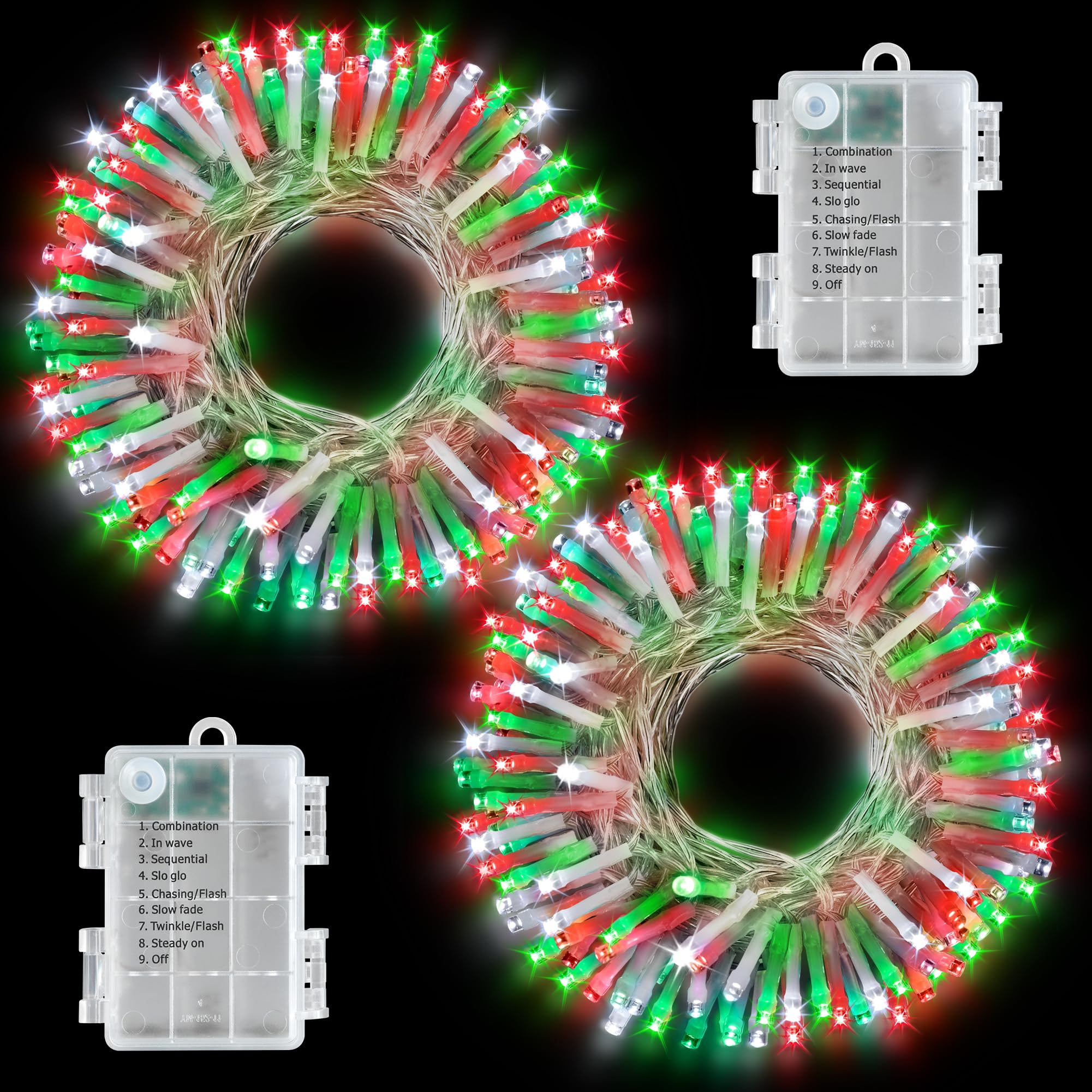 Renoliss Red White Green Real Christmas Flavor Colors 2 Pack Each 16.4Ft 60 Led Battery Operated Tree Lights String Indoor Outdoor With Timer 8 Modes Clear Wire Xmas Light House Garden Decoration