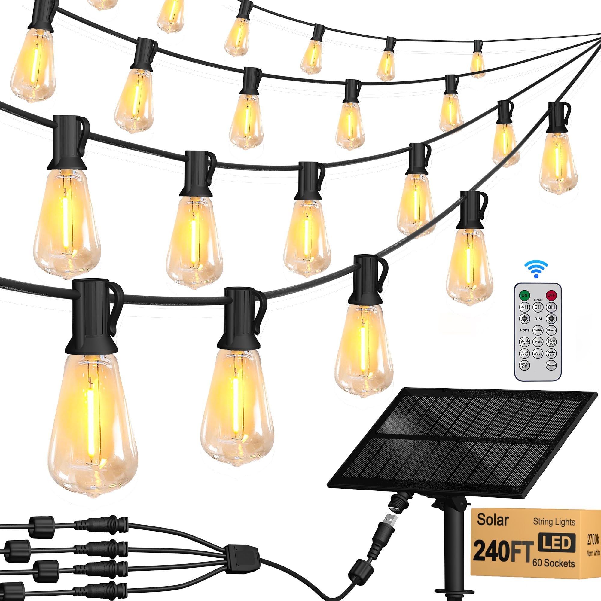 Stright Solar Powered String Light 240Ft With Remote Control 8 Light Modes, Weatherproof Shatterproof St38 Led Bulb, Total 60 Sockets, 1 To 4 Splitter Cord String Lights (End To End 60Ft, Total 240Ft)
