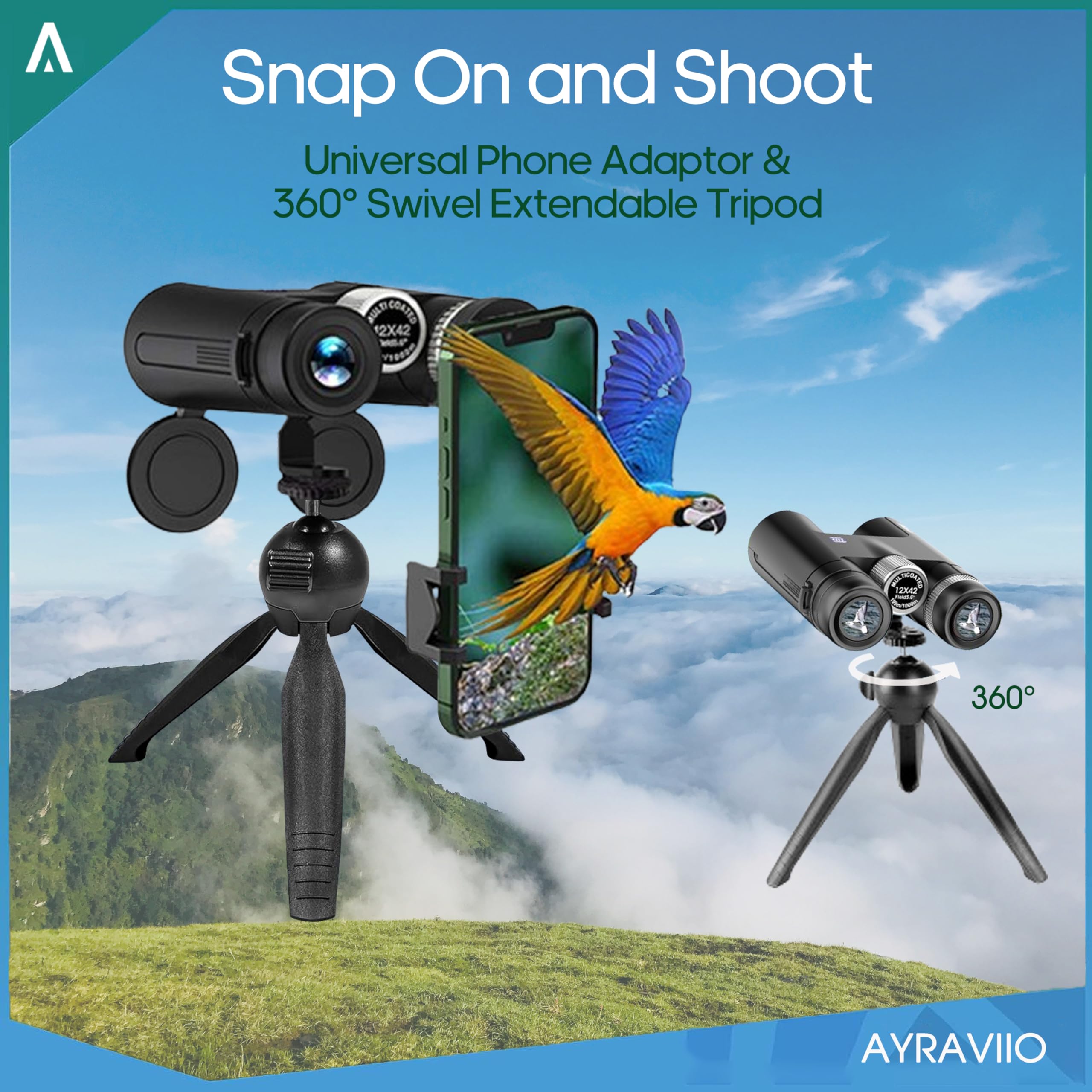 Ayraviio 12×42 Binoculars For Adults With Smartphone Holder & Tripod, Birthday  For Men Dad Him Husband Teen, High Power Lightweight Binoculars, Fmc & Bak4 Prism, Survival Hiking Gear