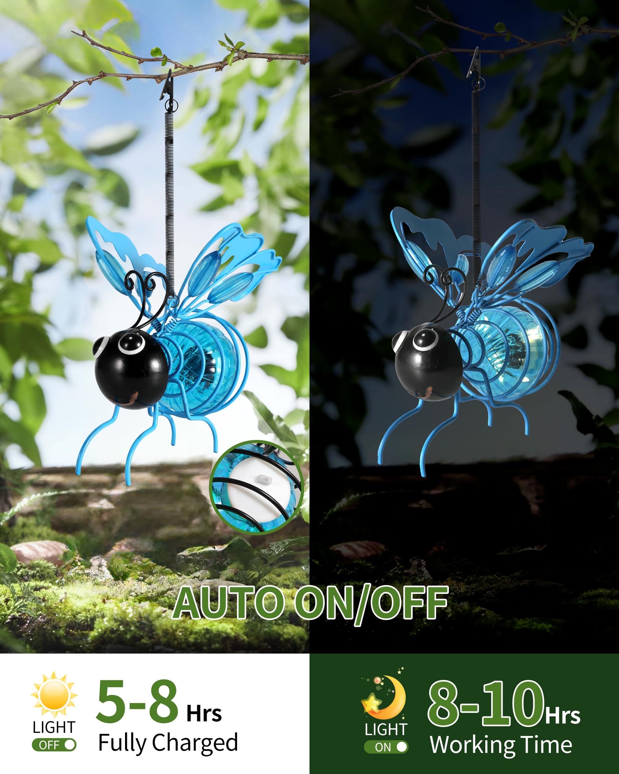Istatue Solar Hanging Metal Butterfly Light - Weather Resistant Decorative Lights With Bouncy Springs For Garden And Patio - Spring Summer Decorations (Blue)