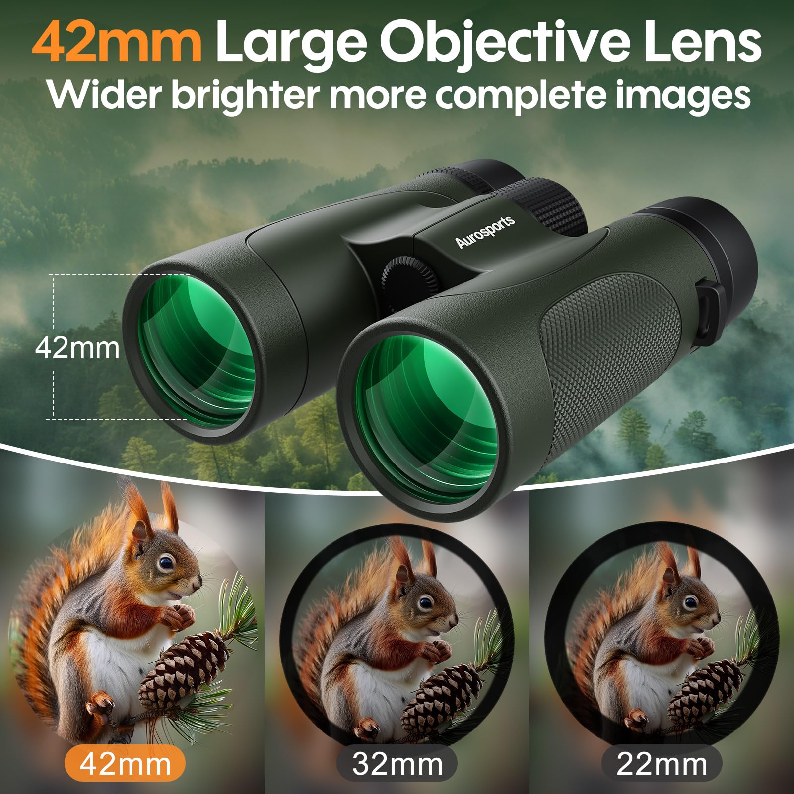 Aurosports 12X42 Uhd Waterproof Binoculars For Adults: Fogproof Shockproof High Powered Easy Focus - Large View Lightweight With Clear Low Light Vision For Bird Watching Hunting Trip Hiking Green
