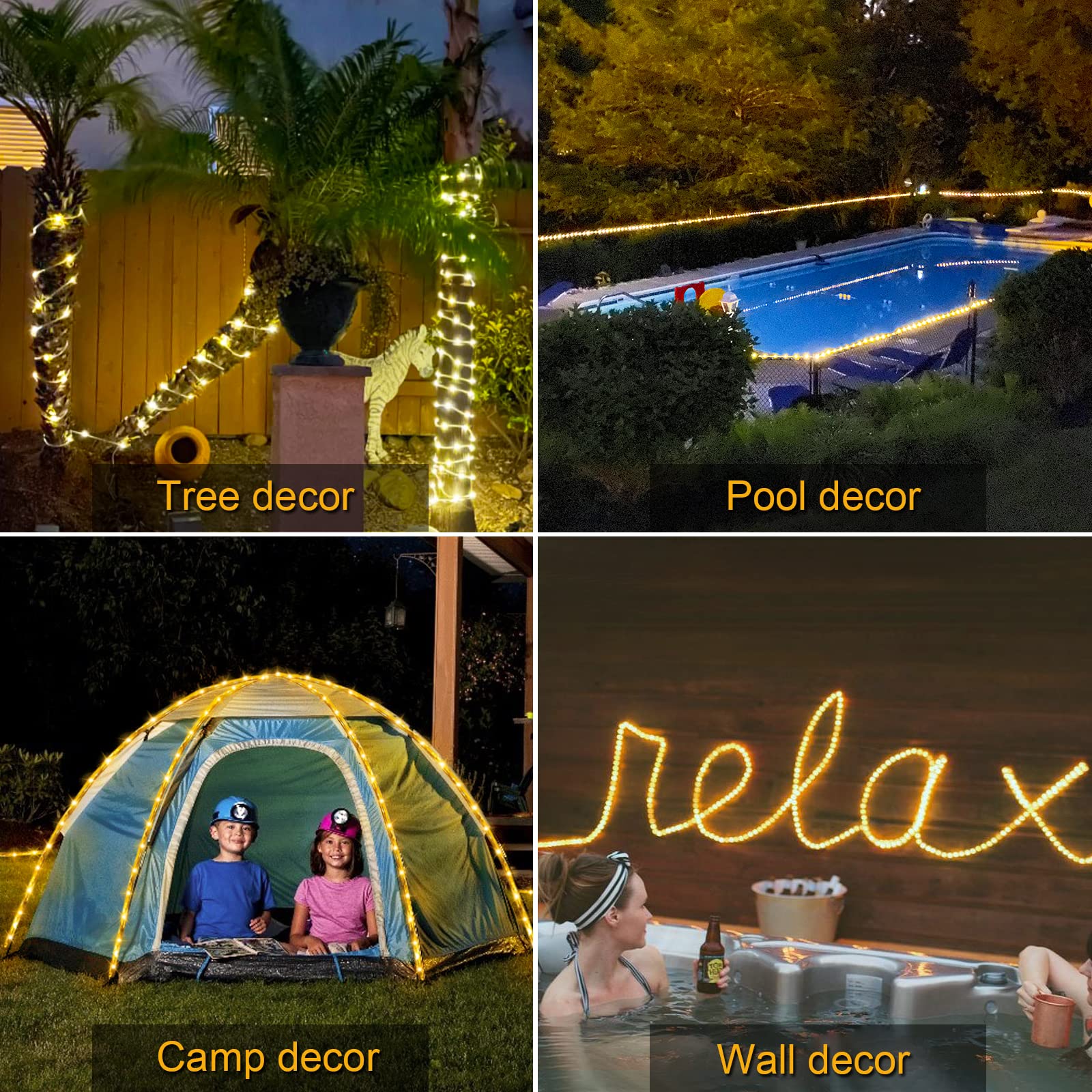 Jmexsuss 200 Led Solar Rope Lights,66Ft 8 Modes Solar Rope Lights Outdoor Waterproof Led Solar Powered Rope Tube For Fence,Gazebo,Yard,Walkway,Path(Warm White)