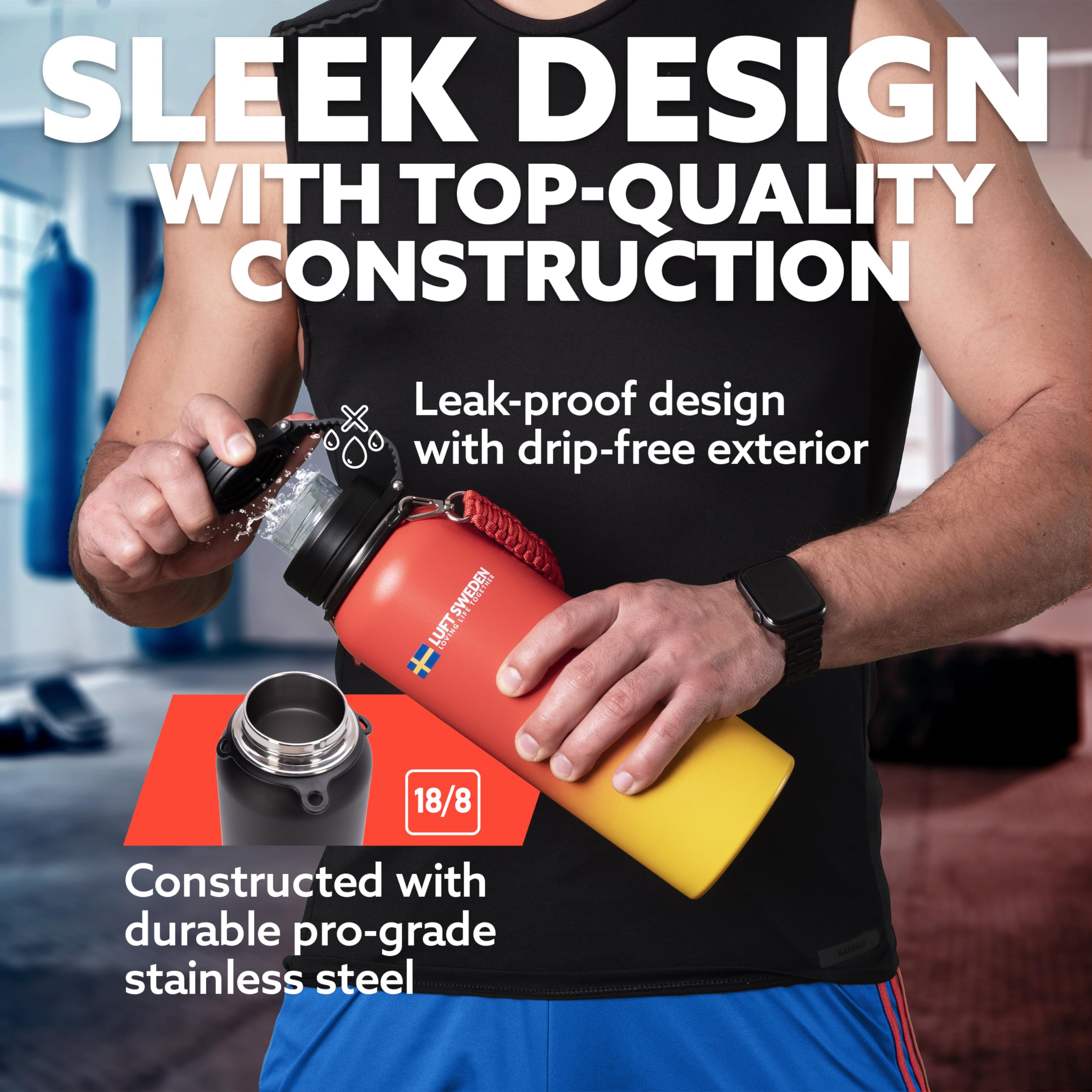 Luft Sweden Reusable Insulated Water Bottle Stainless Steel - Leakproof Double Wall Insulated Water